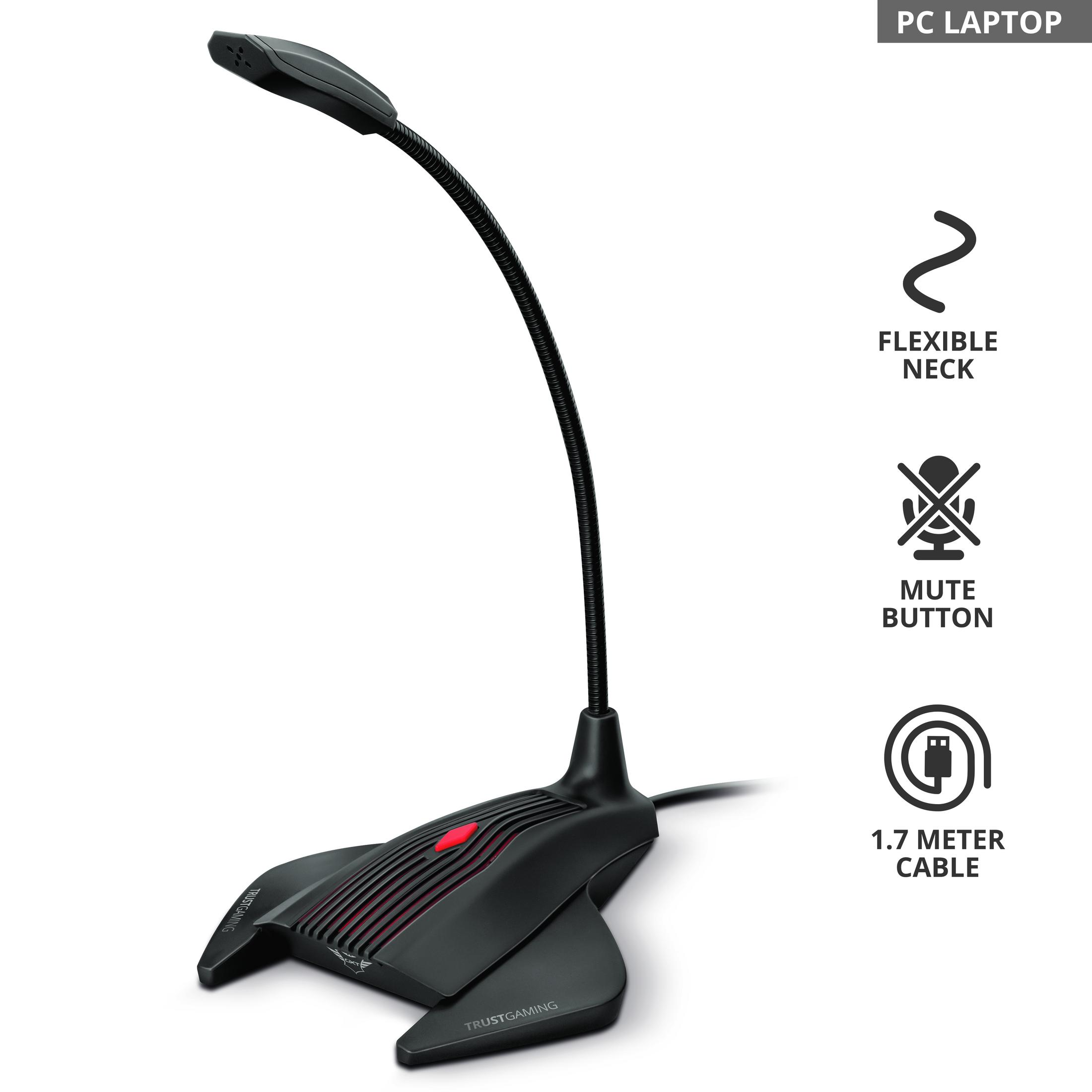 Czarny mikrofon Trust Gaming z elastyczną szyjką, przyciskiem wyciszania i kablem o długości 1,7 metra.