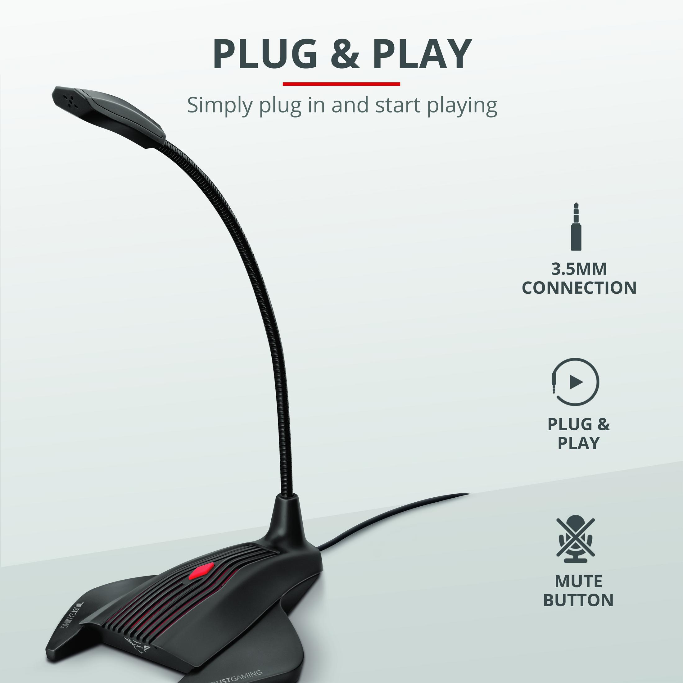 Czarny mikrofon z czerwonym światłem i elastyczną szyjką. Posiada tekst Plug & Play.