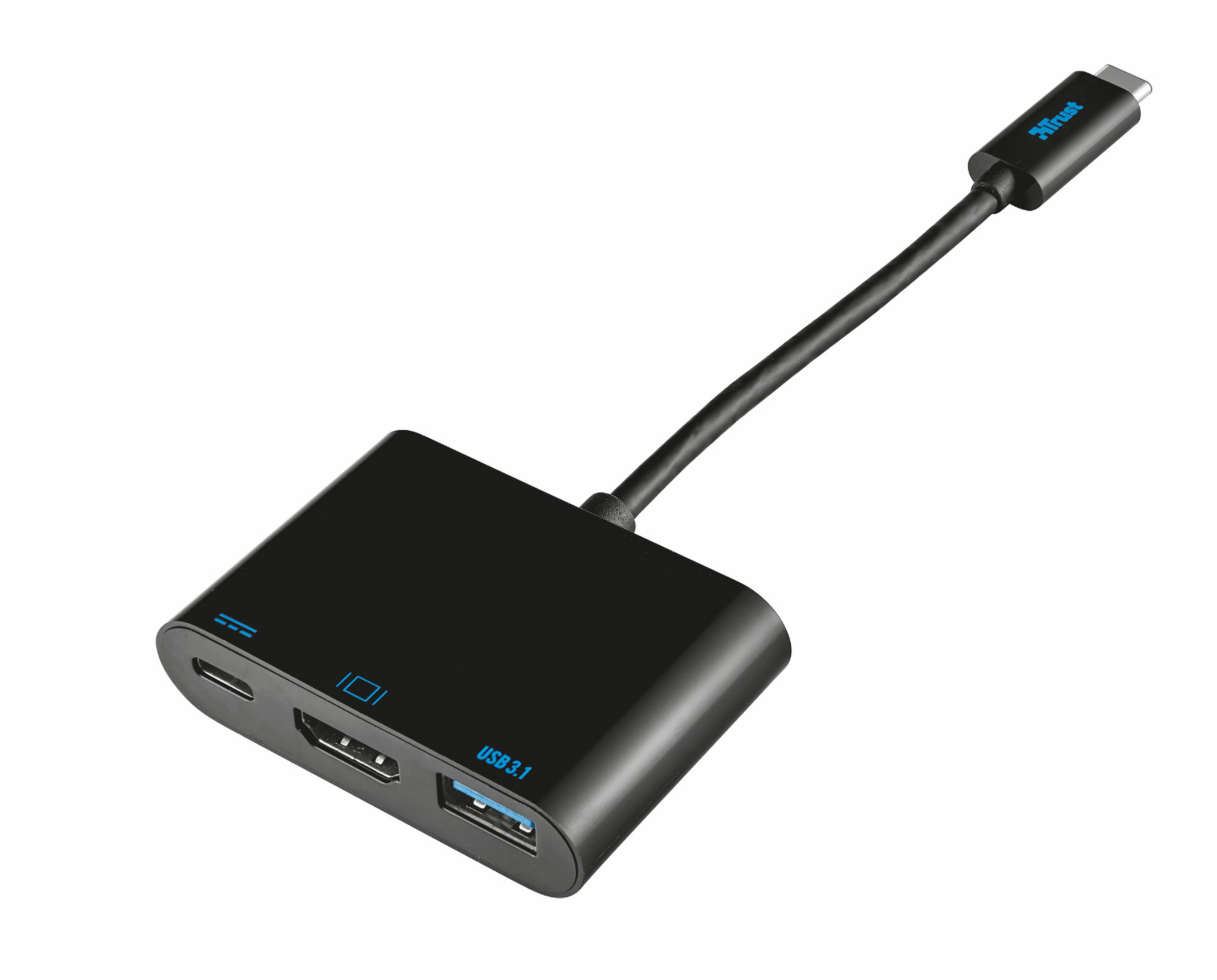 Adattatore USB-C nero con porte HDMI e USB. Su sfondo bianco.