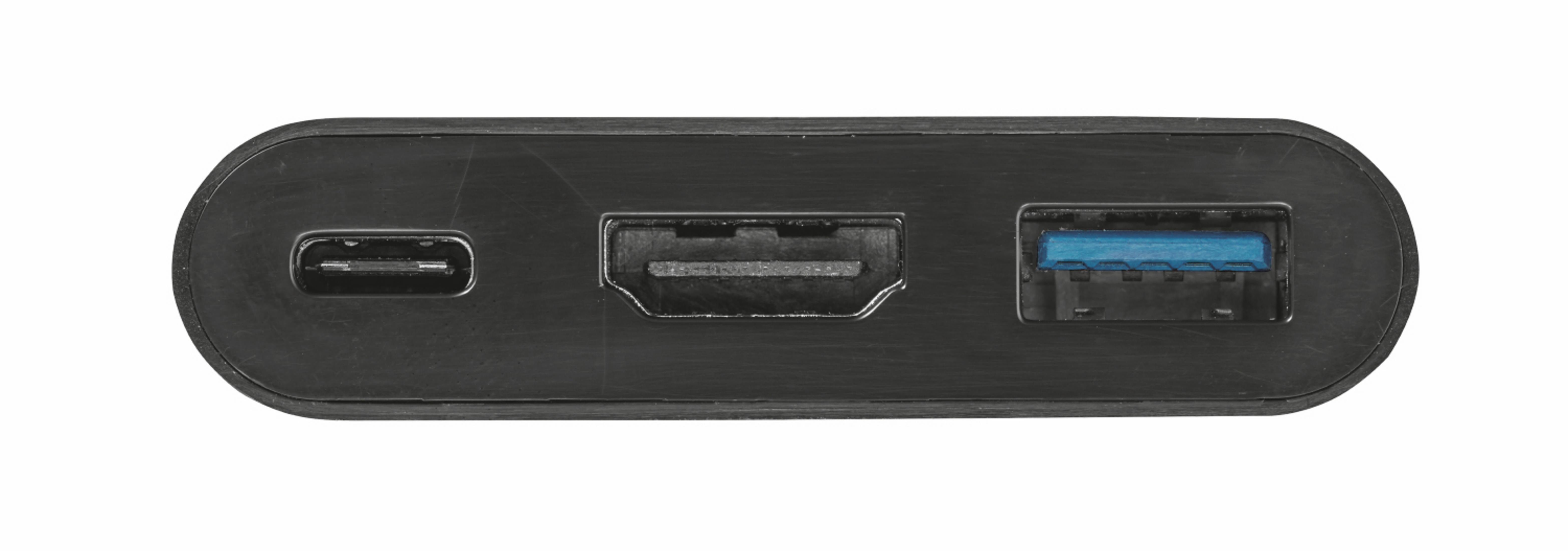 Dispositivo nero con porta USB-C, HDMI e USB, su sfondo bianco.