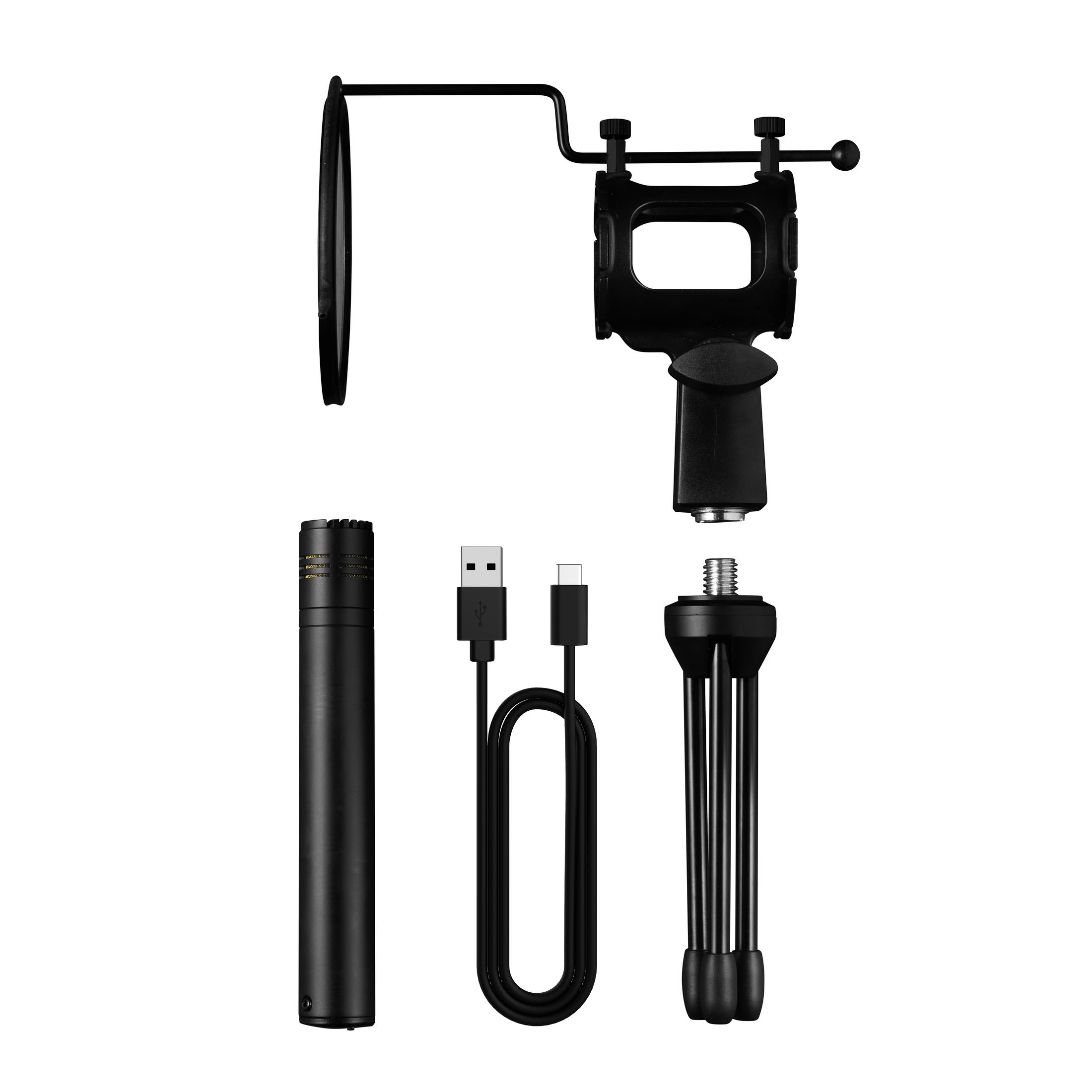 Zestaw mikrofonu z filtrem pop, statywem, kablami USB i USB-C.