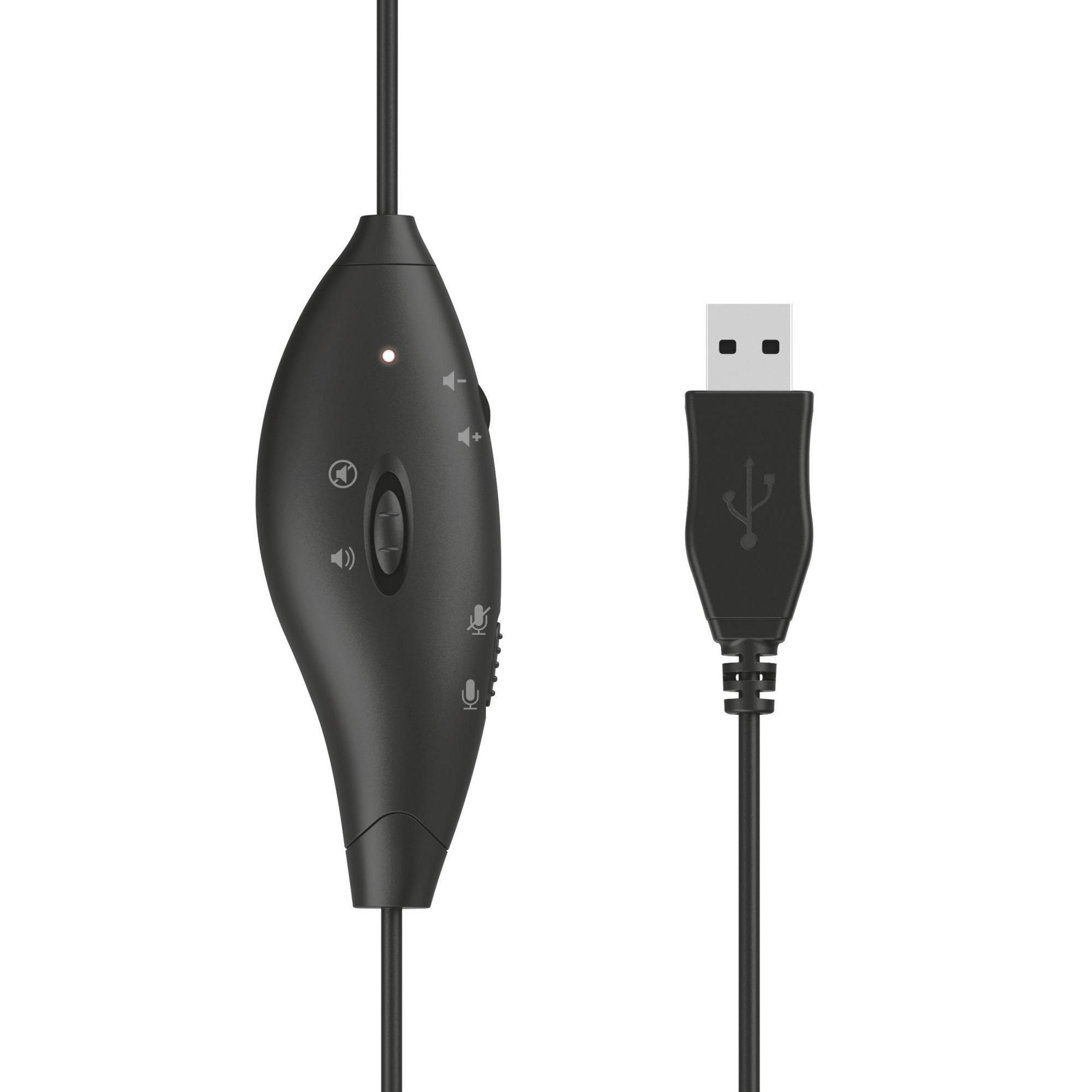 Czarny kabel USB z regulacją głośności i mikrofonem, na białym tle.