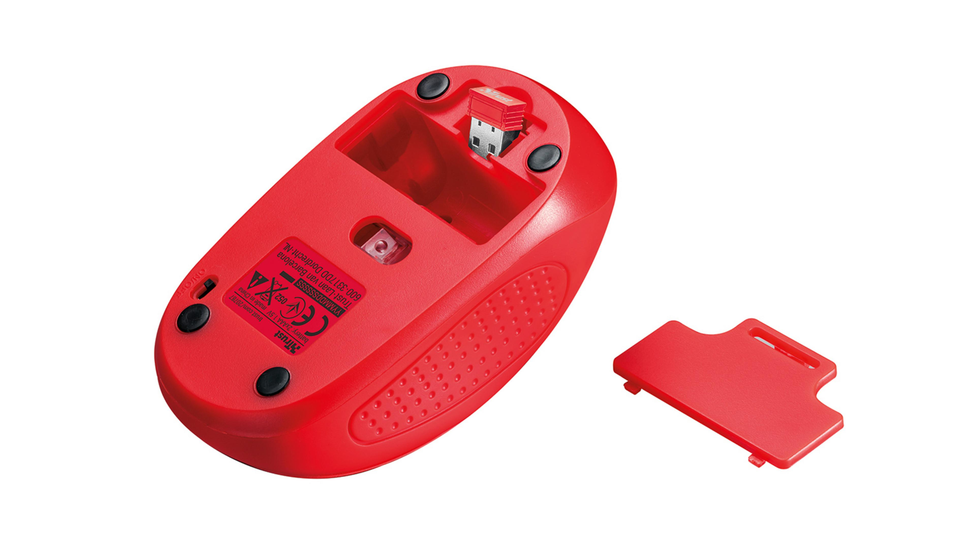 Parte inferiore di un mouse rosso con ricevitore USB e vano batteria.