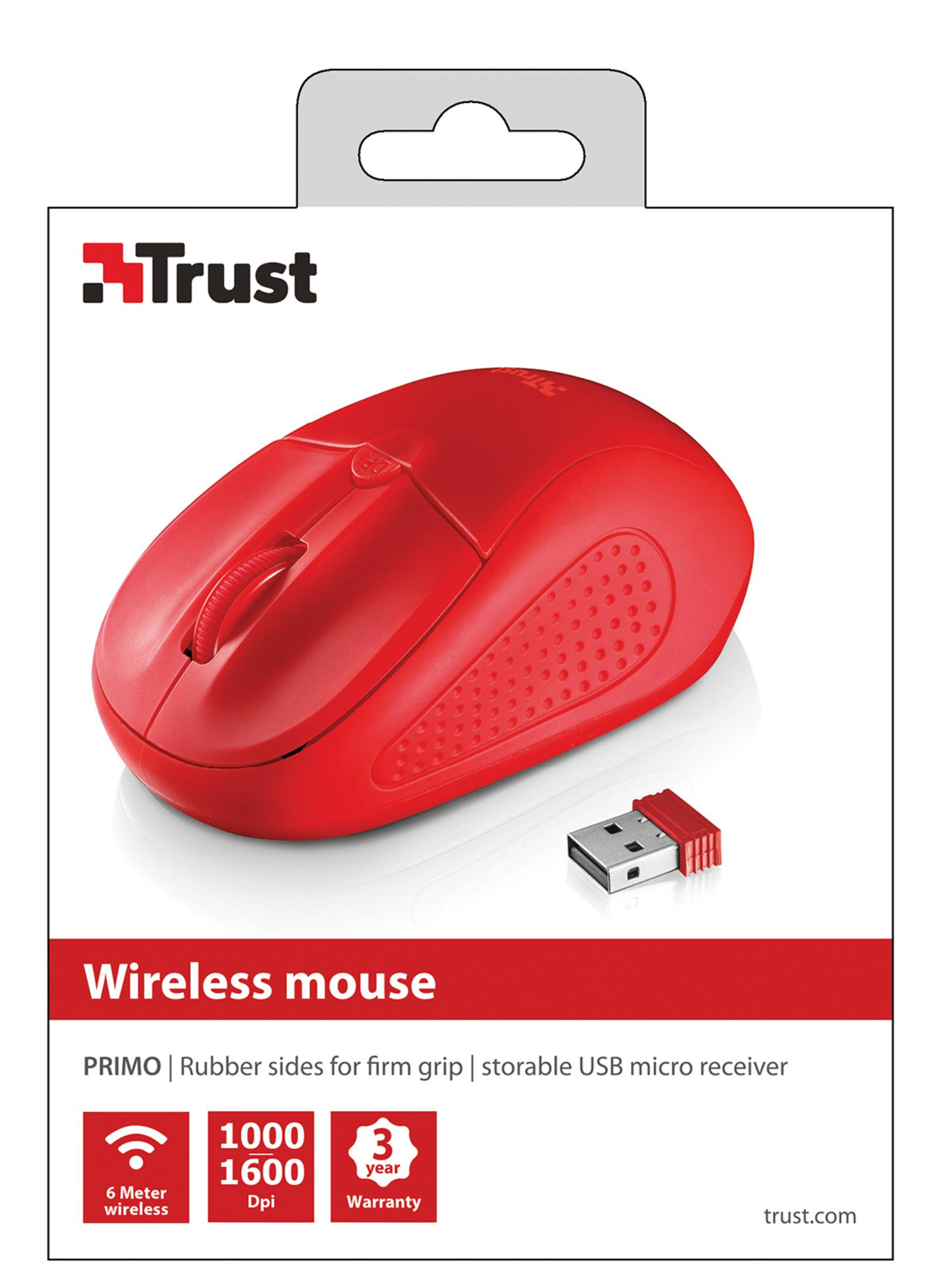 Un mouse wireless rosso con un ricevitore USB. La confezione mostra caratteristiche come 1600 dpi e 3 anni di garanzia.