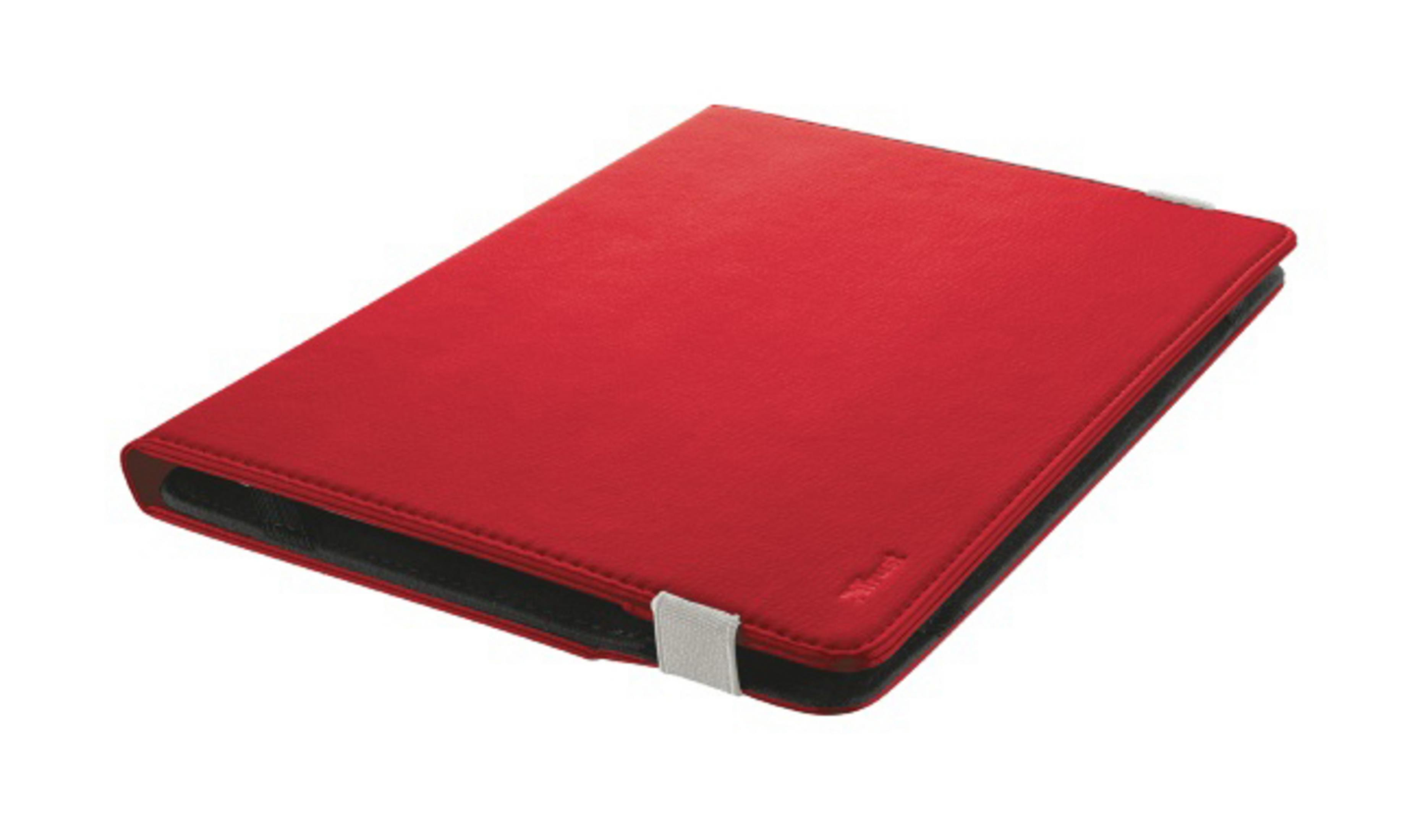 Beyaz bir arka plan üzerinde gümüş bir toka ile kapalı kırmızı bir tablet kılıfı.