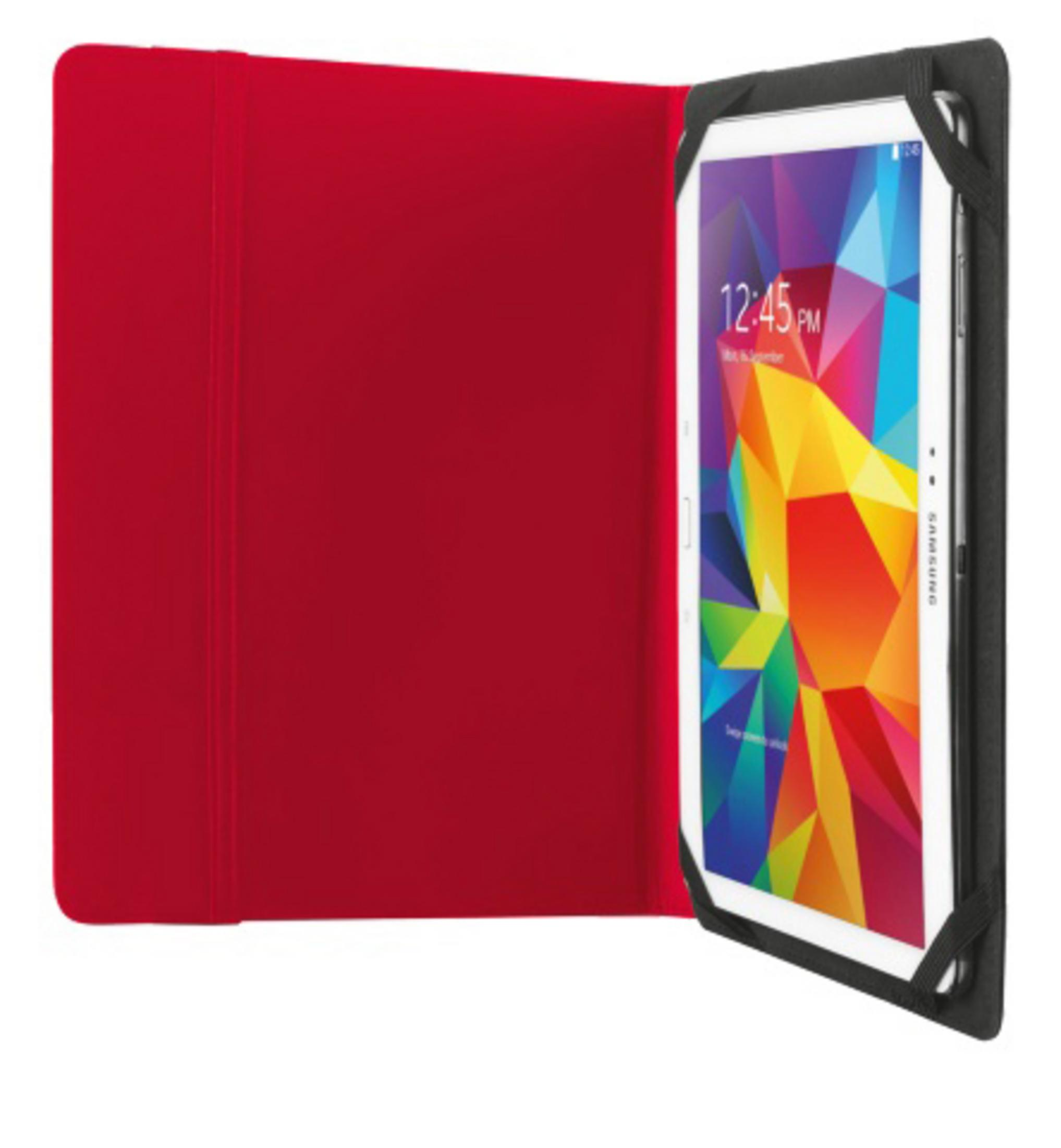 Kırmızı bir kılıf içinde tablet. Ekran açık, saat ve renkli bir desen gösteriyor.