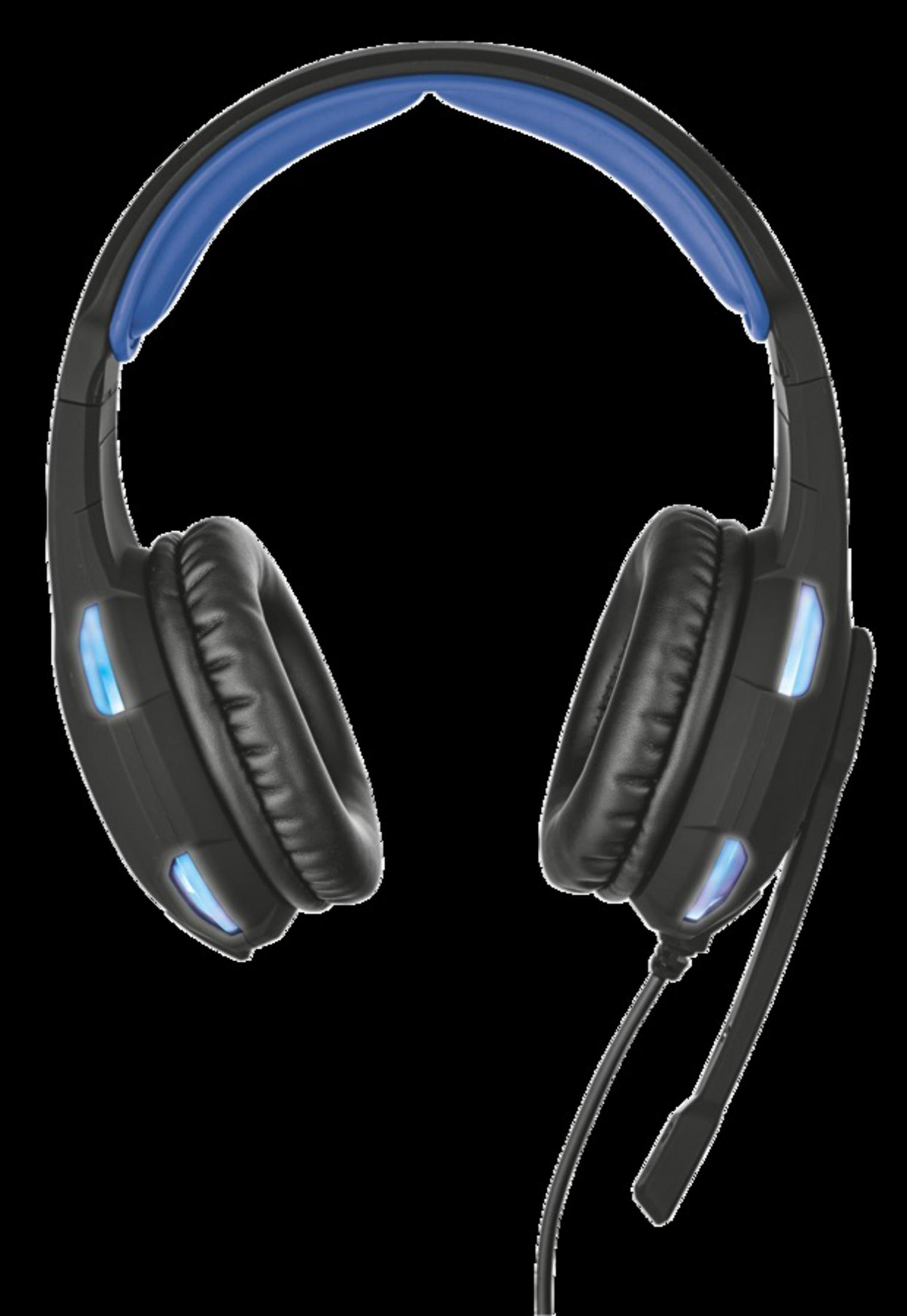 Czarne i niebieskie słuchawki dla graczy z mikrofonem, na czarnym tle.