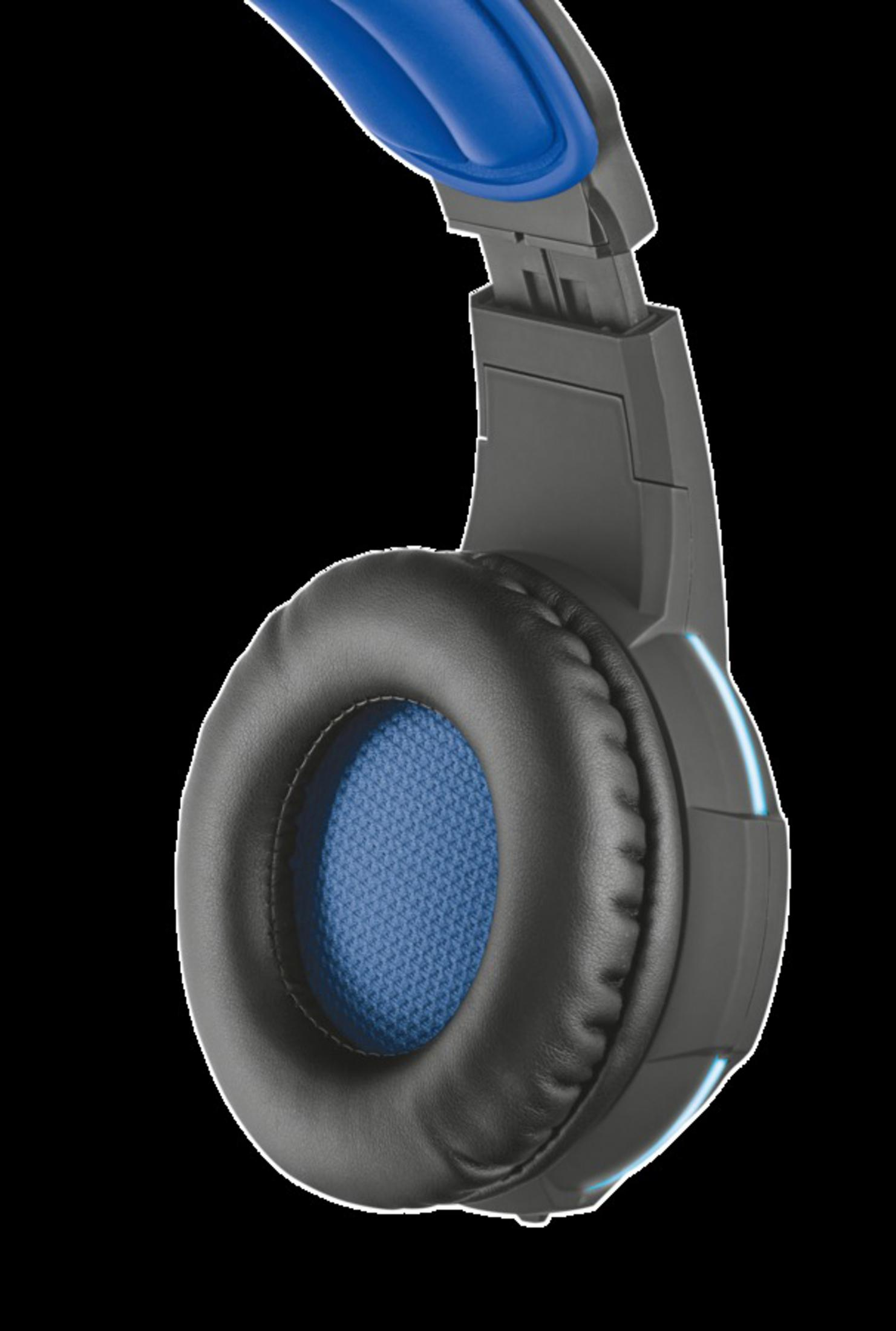 Słuchawki, czarne z niebieskimi akcentami, na czarnym tle.