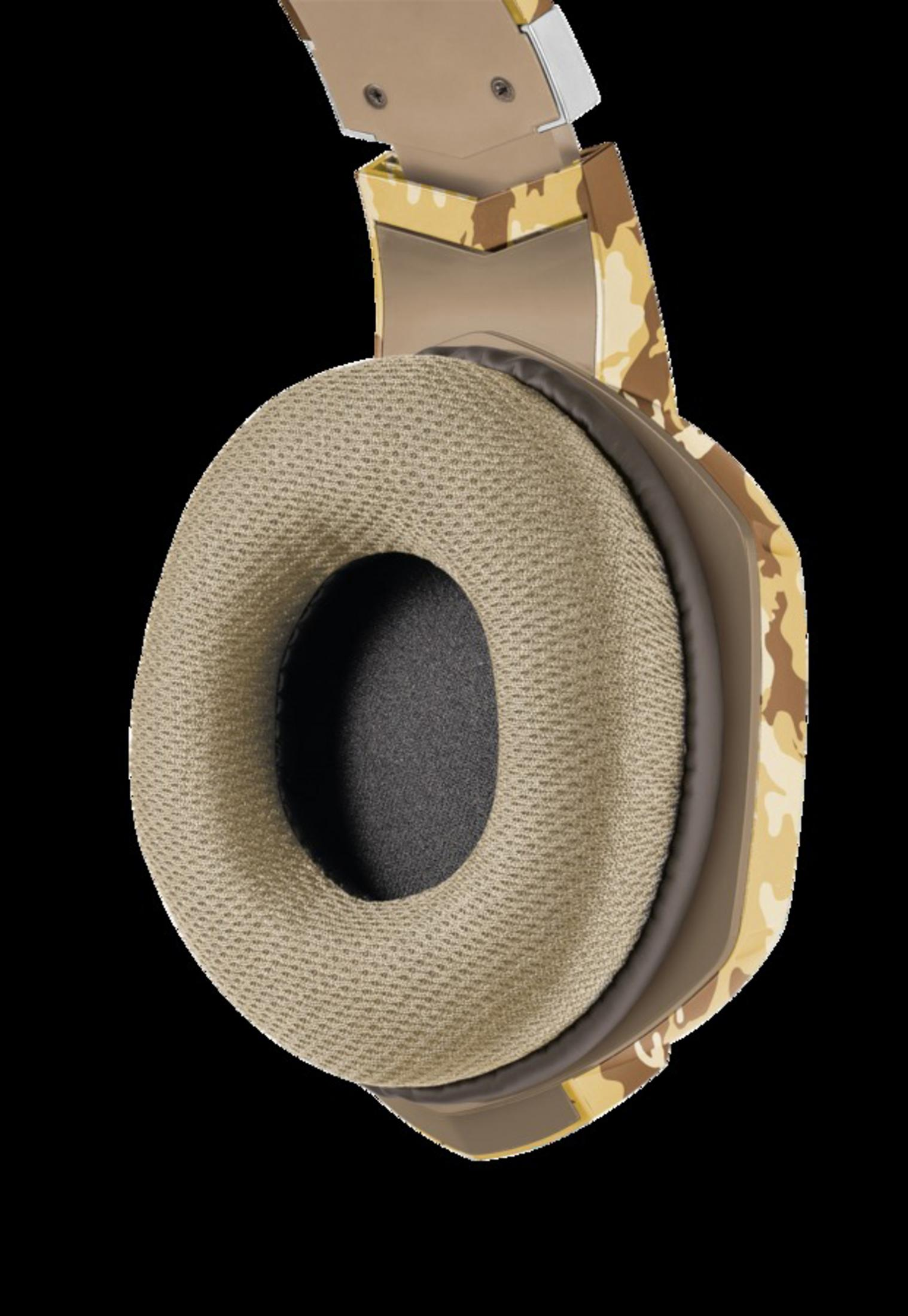 Nahaufnahme eines beige-braunen Tarn-Gaming-Headsets mit großen Ohrmuscheln.