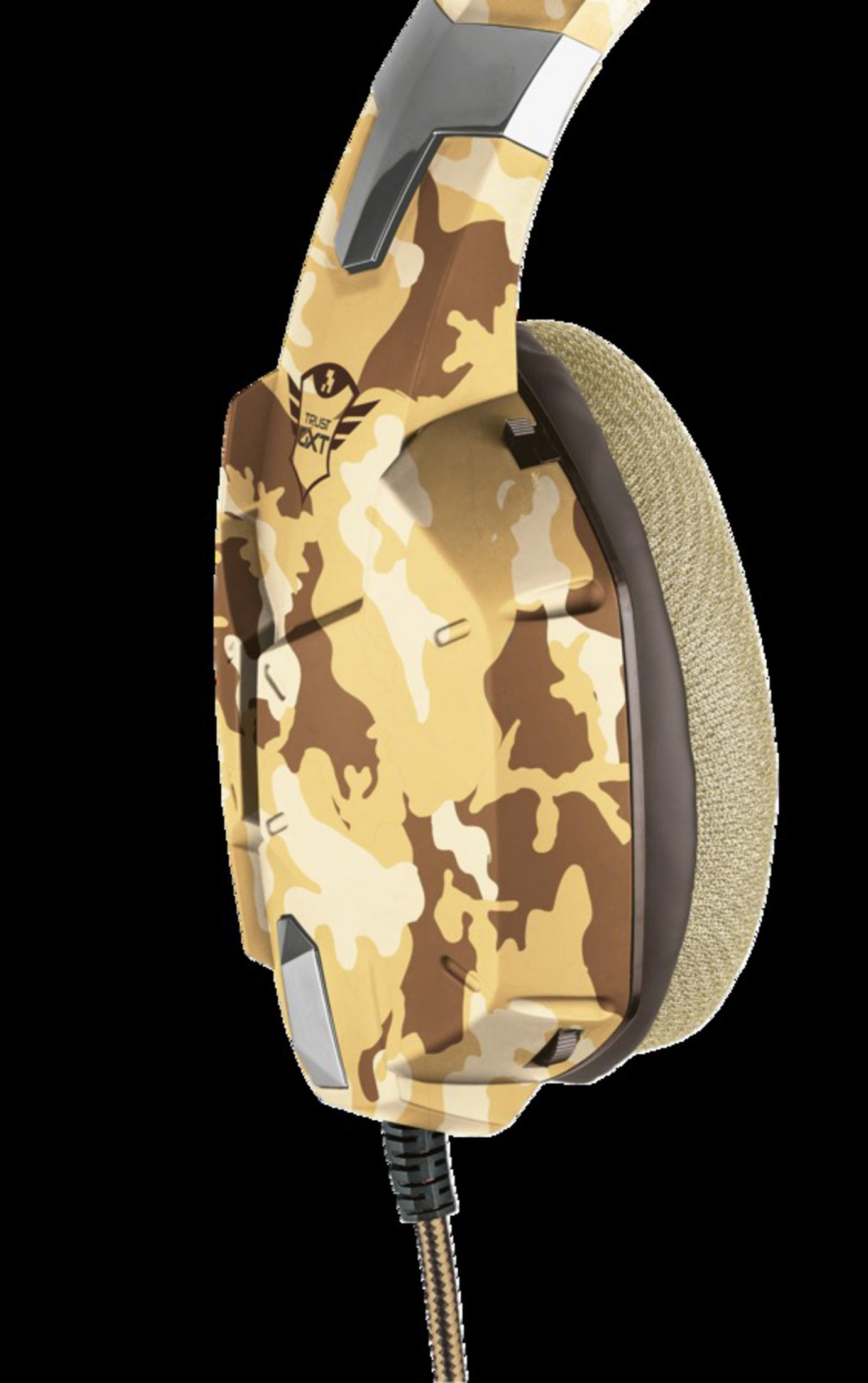 Nahaufnahme eines Gaming-Headsets mit Tarnmuster, schwarzer Hintergrund.