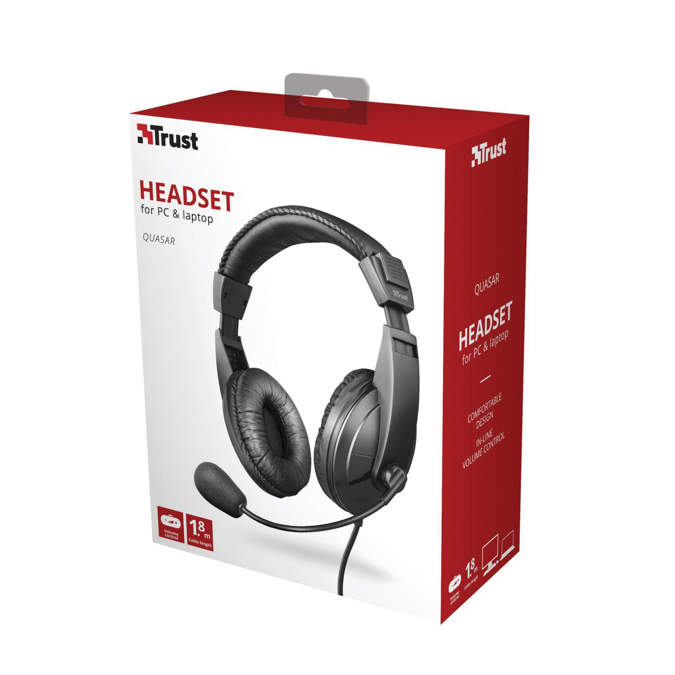 Headset-Box für PC & Laptop. Das Headset ist schwarz. Die Box ist rot und weiß, mit dem Markennamen Trust.