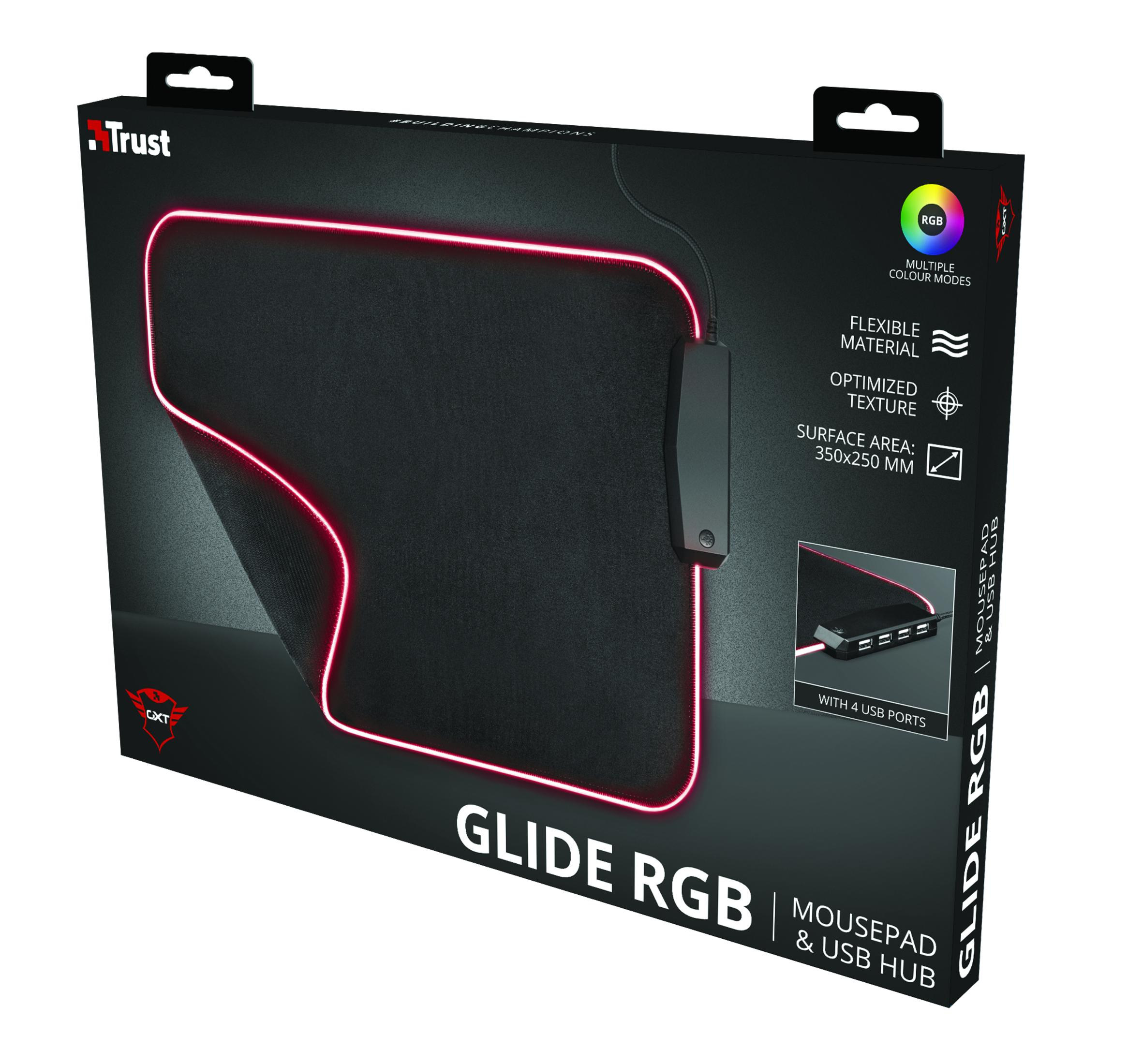 Czarna podkładka pod mysz dla graczy z czerwonym oświetleniem, hubem USB i marką Trust Glide RGB.
