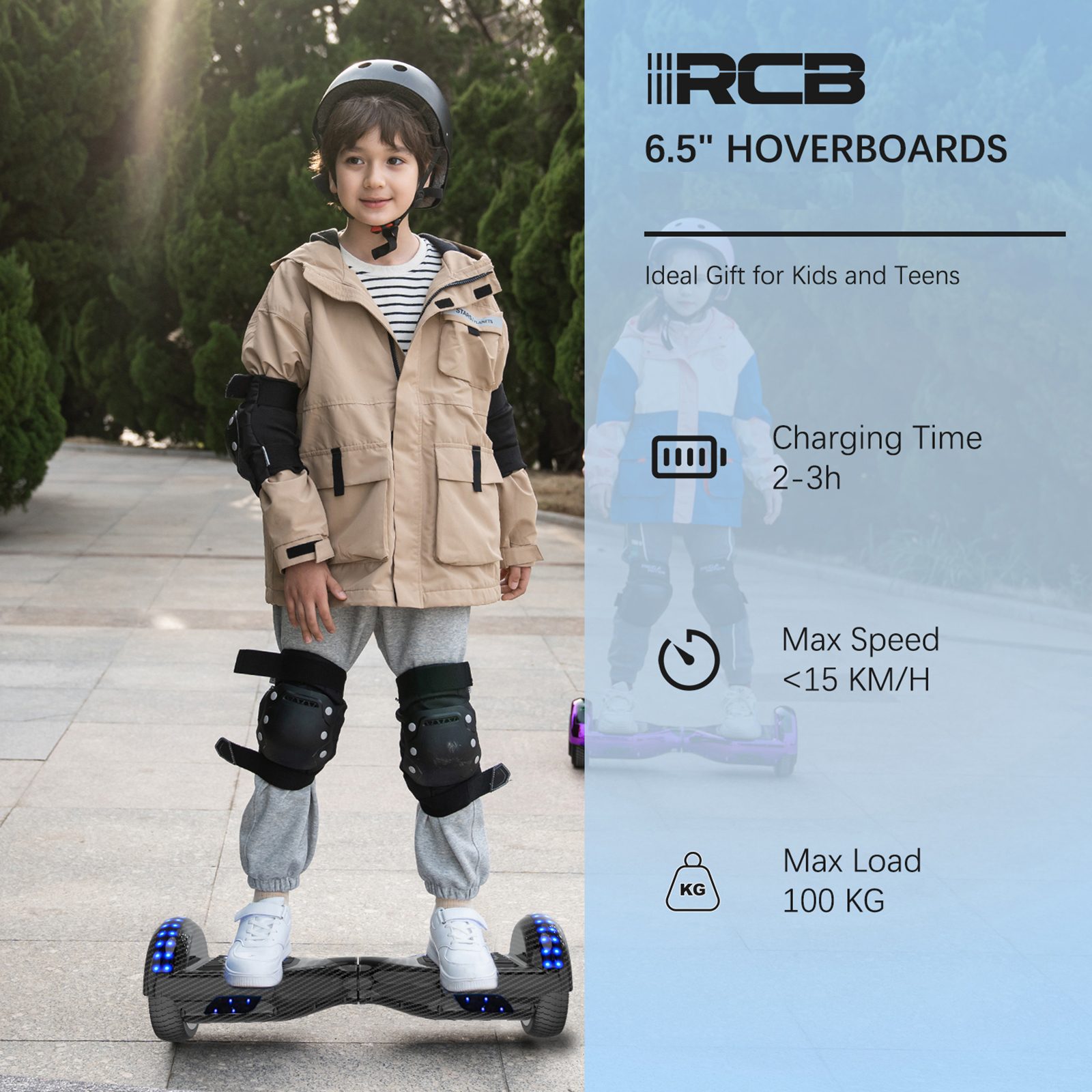 Junge auf Hoverboard mit Helm und Polstern auf dem Bürgersteig. Text: Hoverboards.