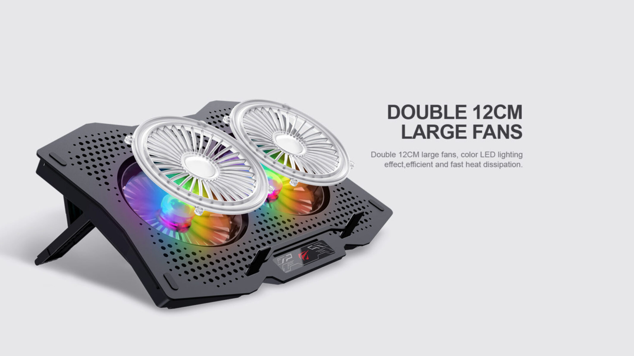 Un soporte de refrigeración para portátil con dos ventiladores y luces LED coloridas.