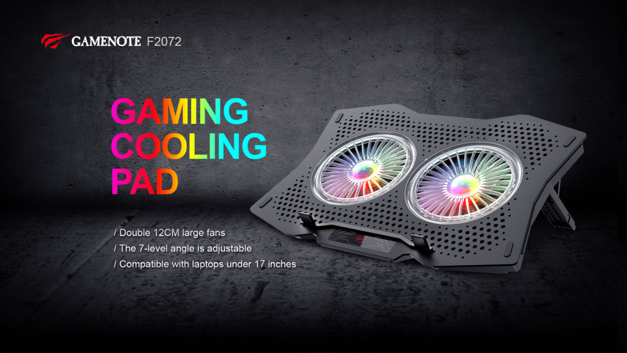 Base de refrigeración para juegos con dos ventiladores, luces RGB y texto, sobre un fondo oscuro texturizado.