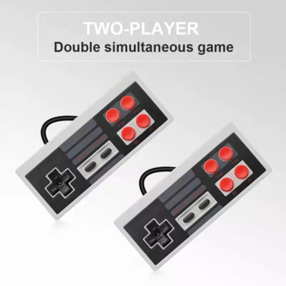 Dos mandos de juego retro, blancos con detalles negros. Botones rojos y una cruceta.