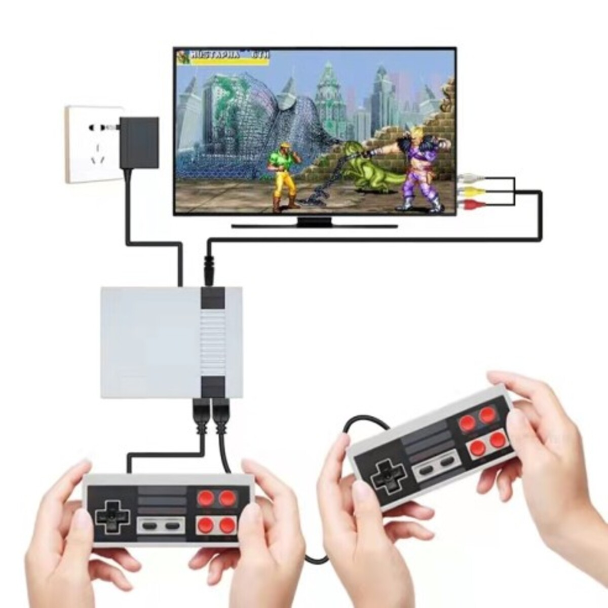 Consola de juegos retro con mandos conectados a un televisor.