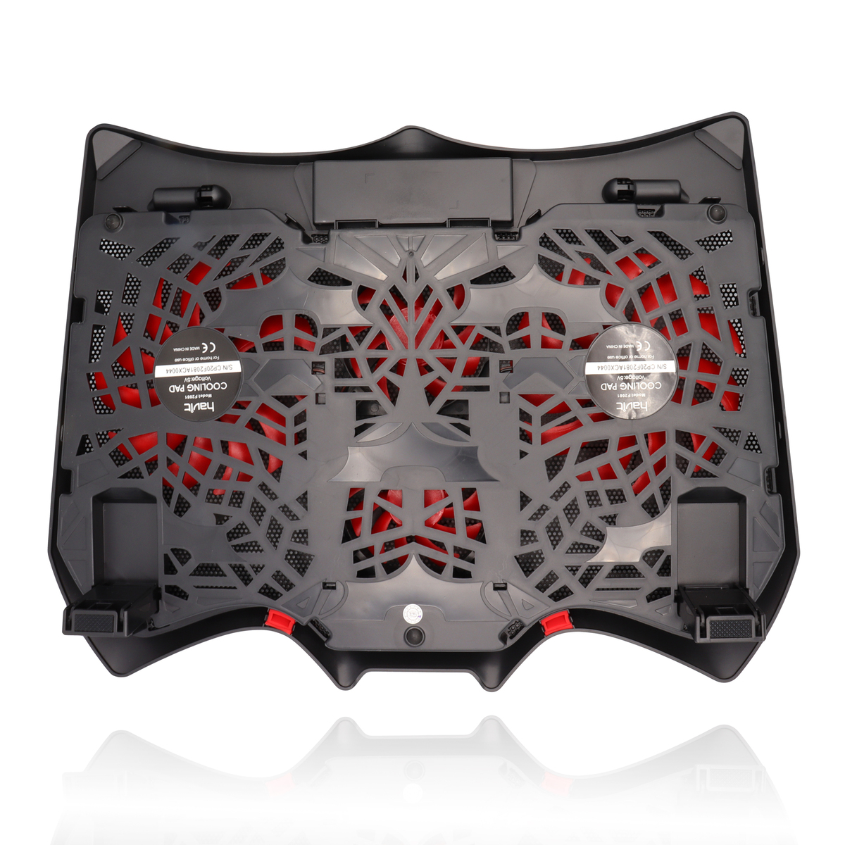 Almohadilla de enfriamiento negra para portátil, con ventiladores rojos visibles a través de la malla.