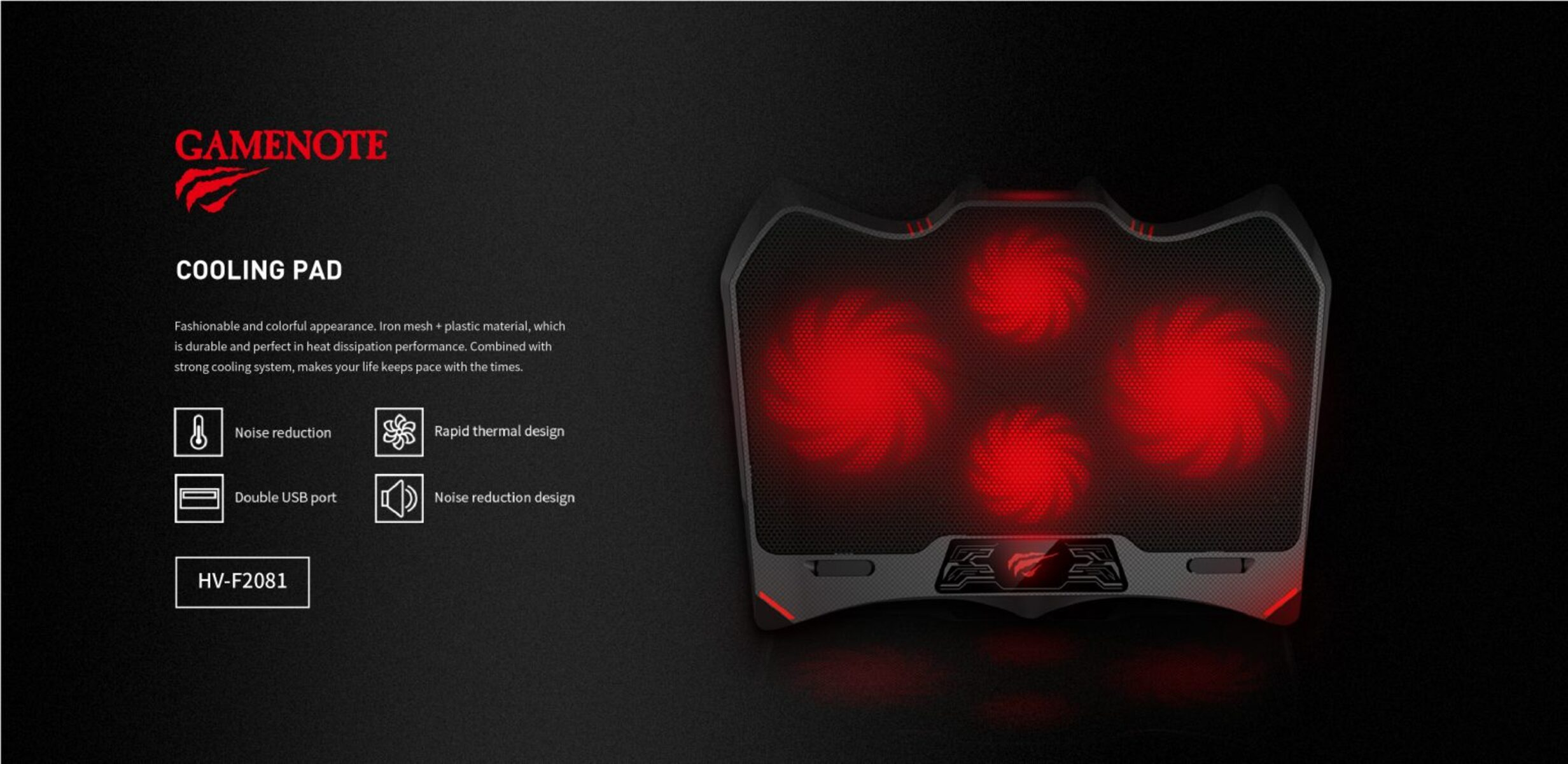 Almohadilla de enfriamiento negra con ventiladores rojos brillantes.