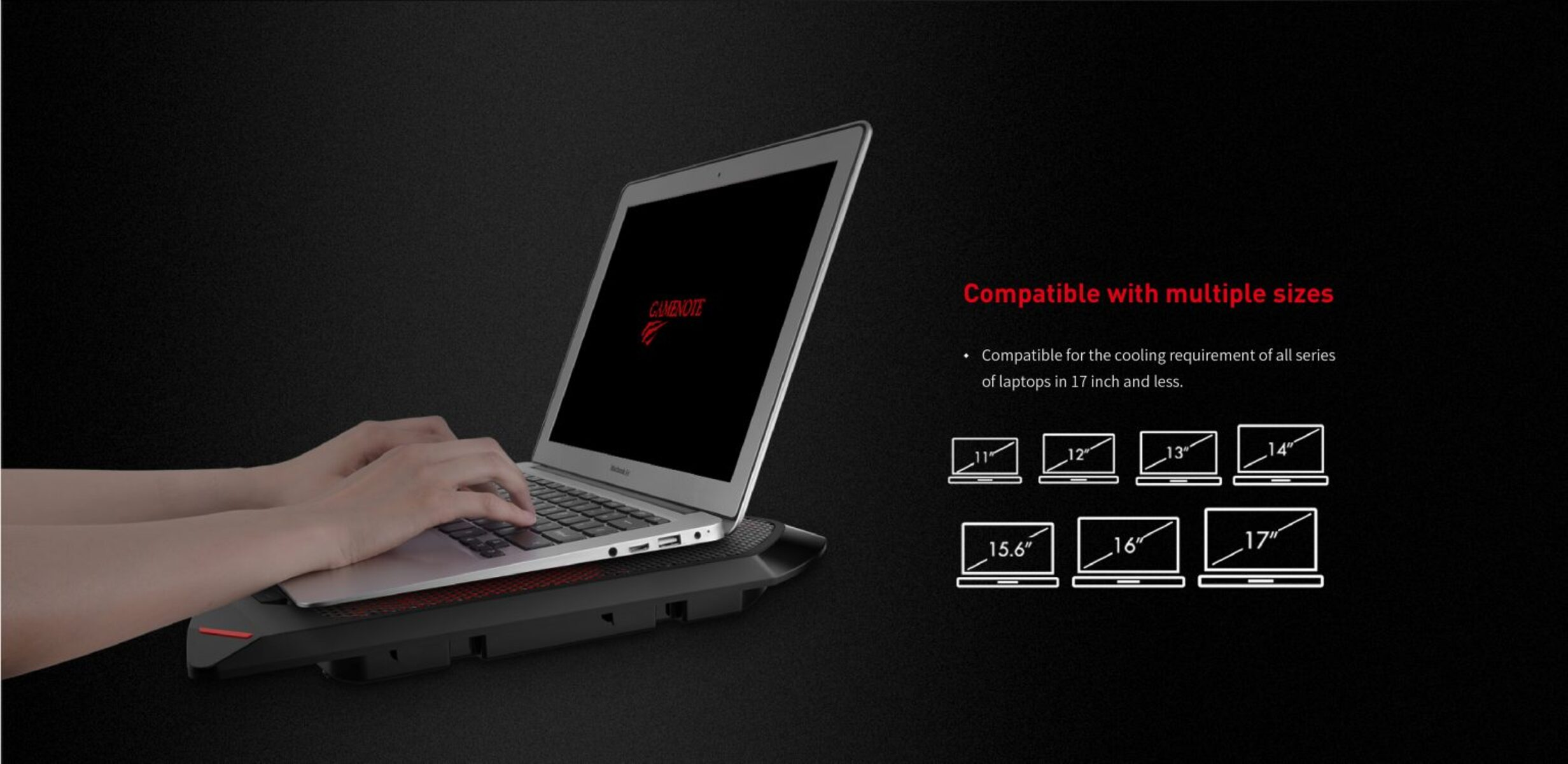 Una laptop sobre una almohadilla de enfriamiento negra con acento rojo. Texto muestra compatibilidad.
