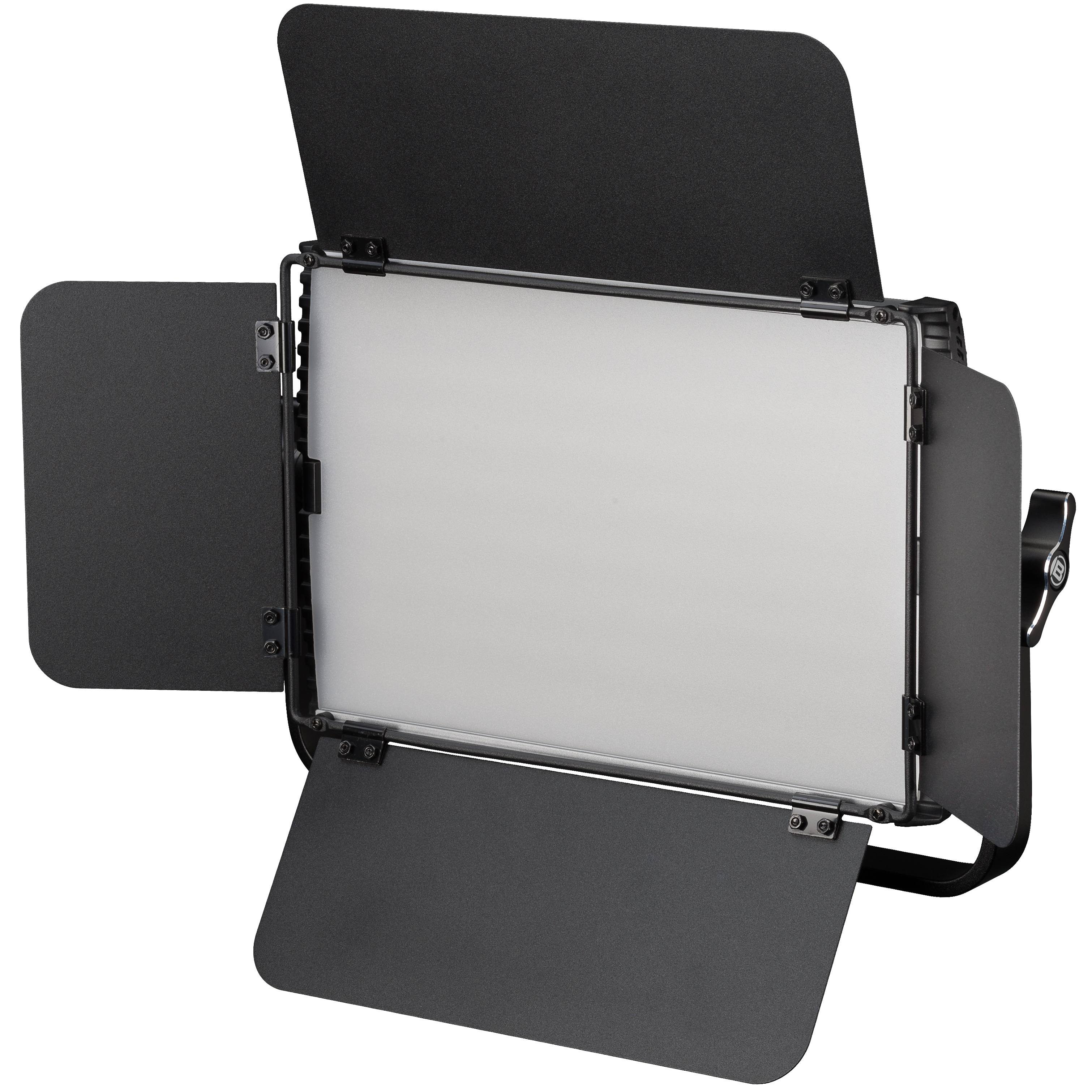 Una luz rectangular con solapas negras ajustables, utilizada en fotografía y cine.