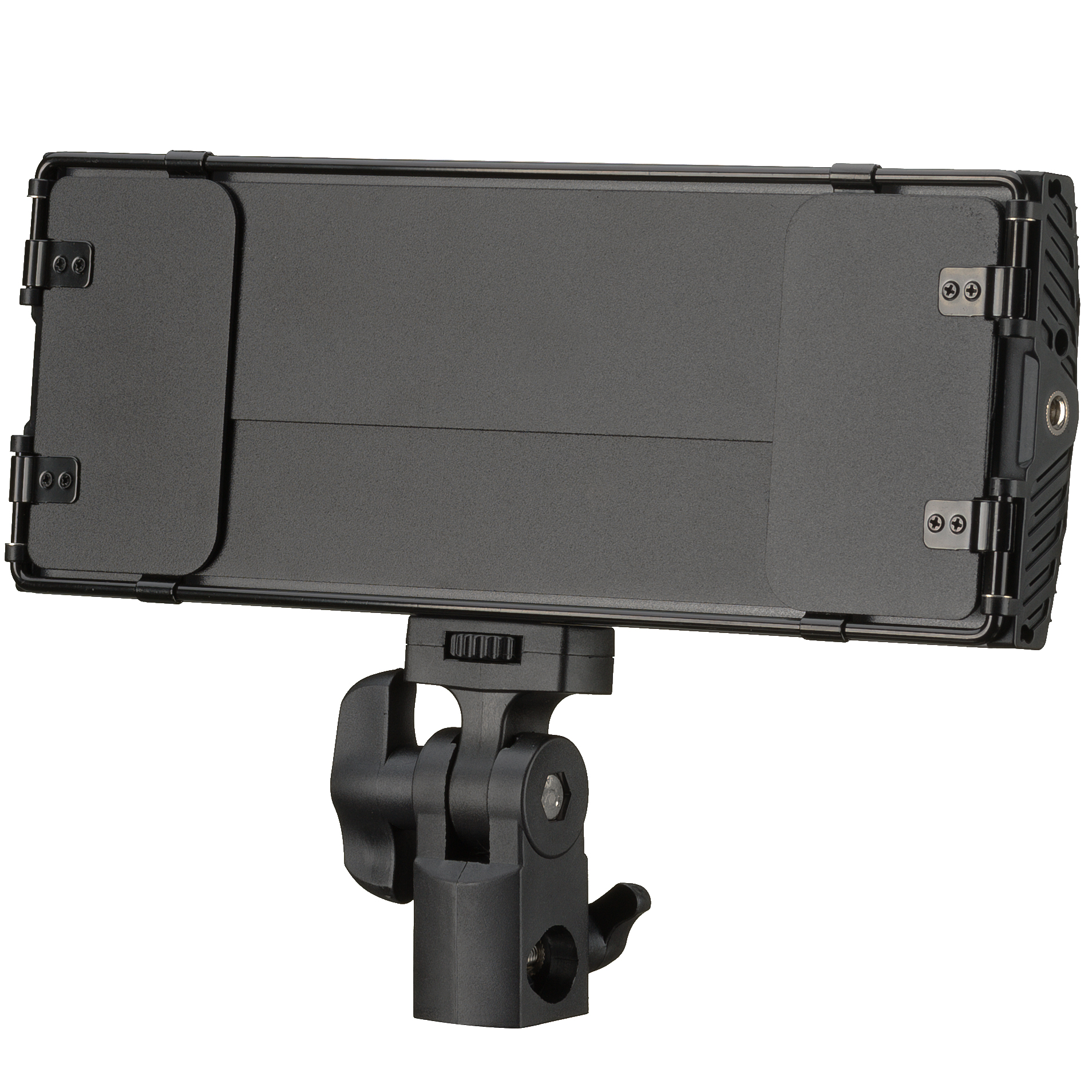 Luz LED negra para video. Articulación ajustable para montaje. Aislado sobre fondo blanco.