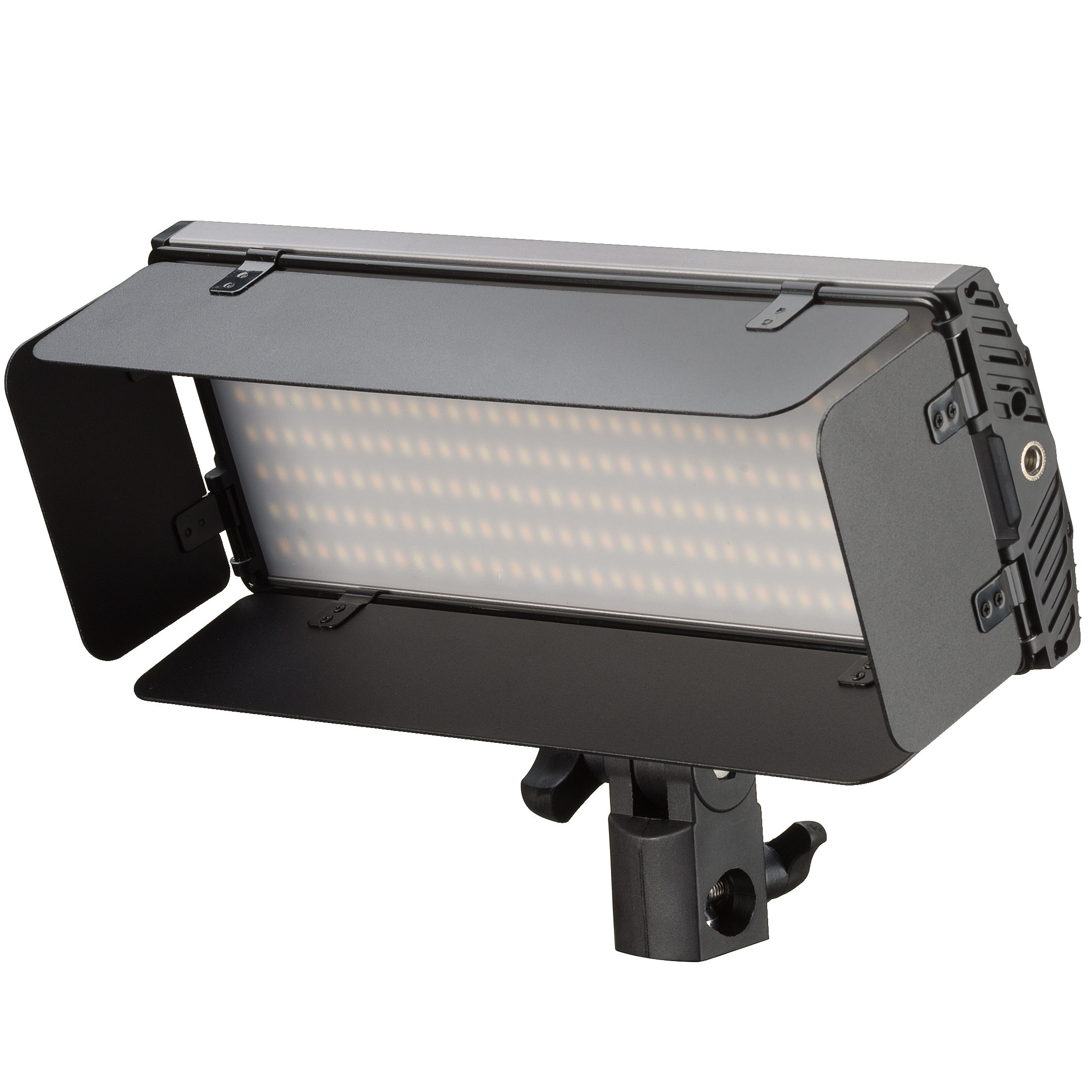 Panel de luz LED negro con solapas negras ajustables y soporte negro.