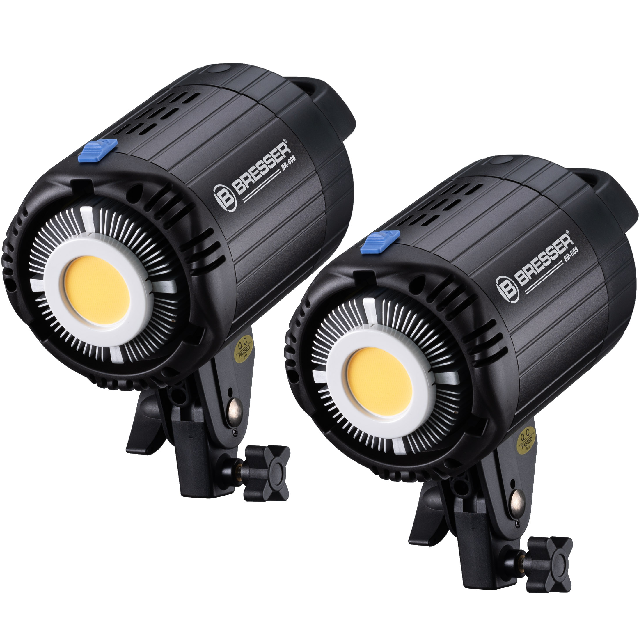Dos luces negras BRESSER BR-400, anguladas, con luz blanca y amarilla.