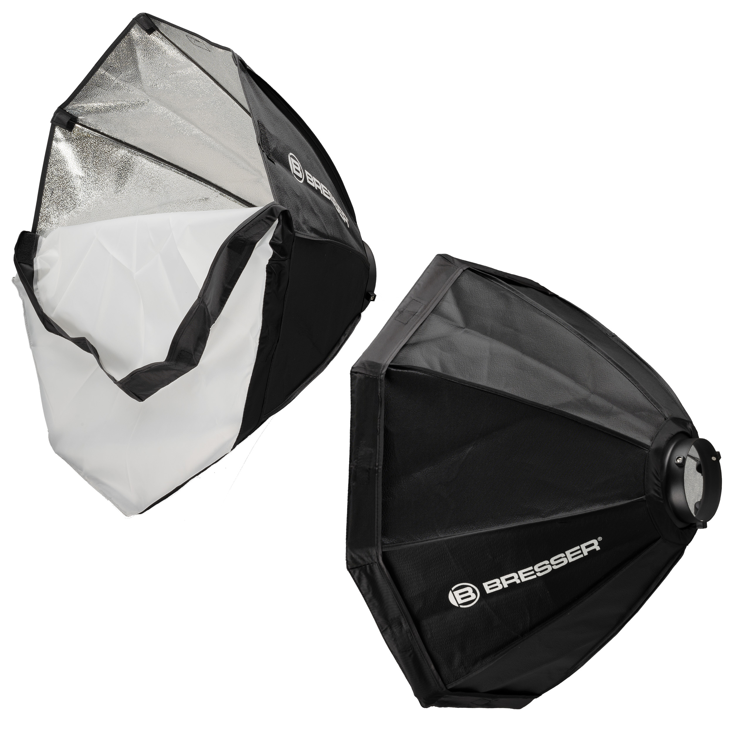 Dos softboxes BRESSER negros con interiores blancos para fotografía de estudio, angulados para mostrar el interior.