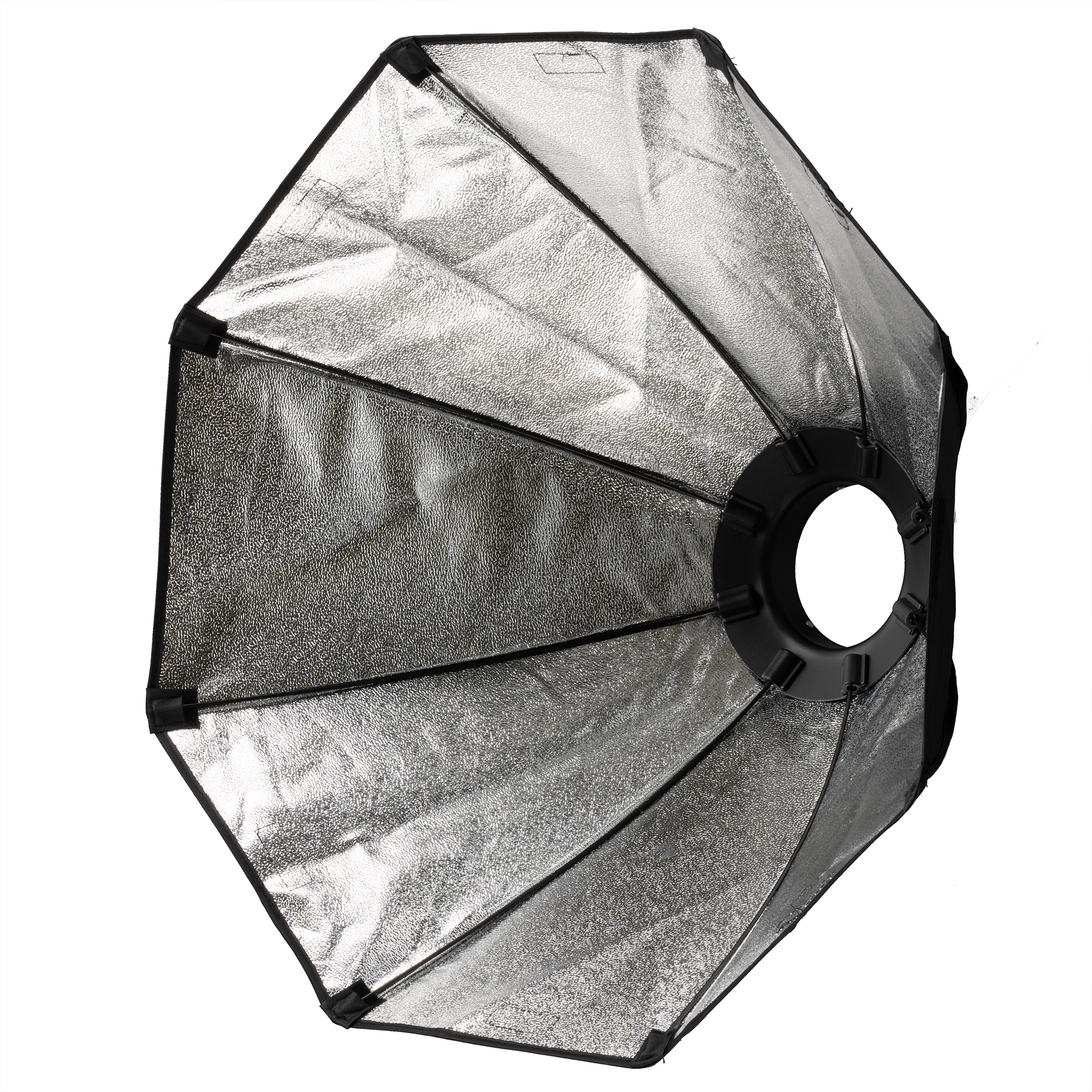 Softbox octogonal plateada para fotografía. Borde negro y superficie interna reflectante.