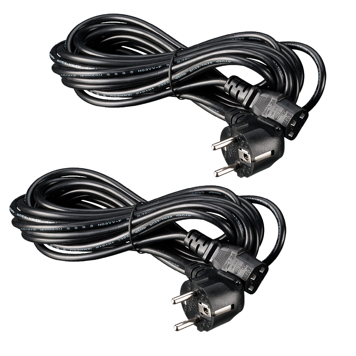 Dos cables de alimentación negros están agrupados. Tienen enchufes en ambos extremos. El fondo es blanco.