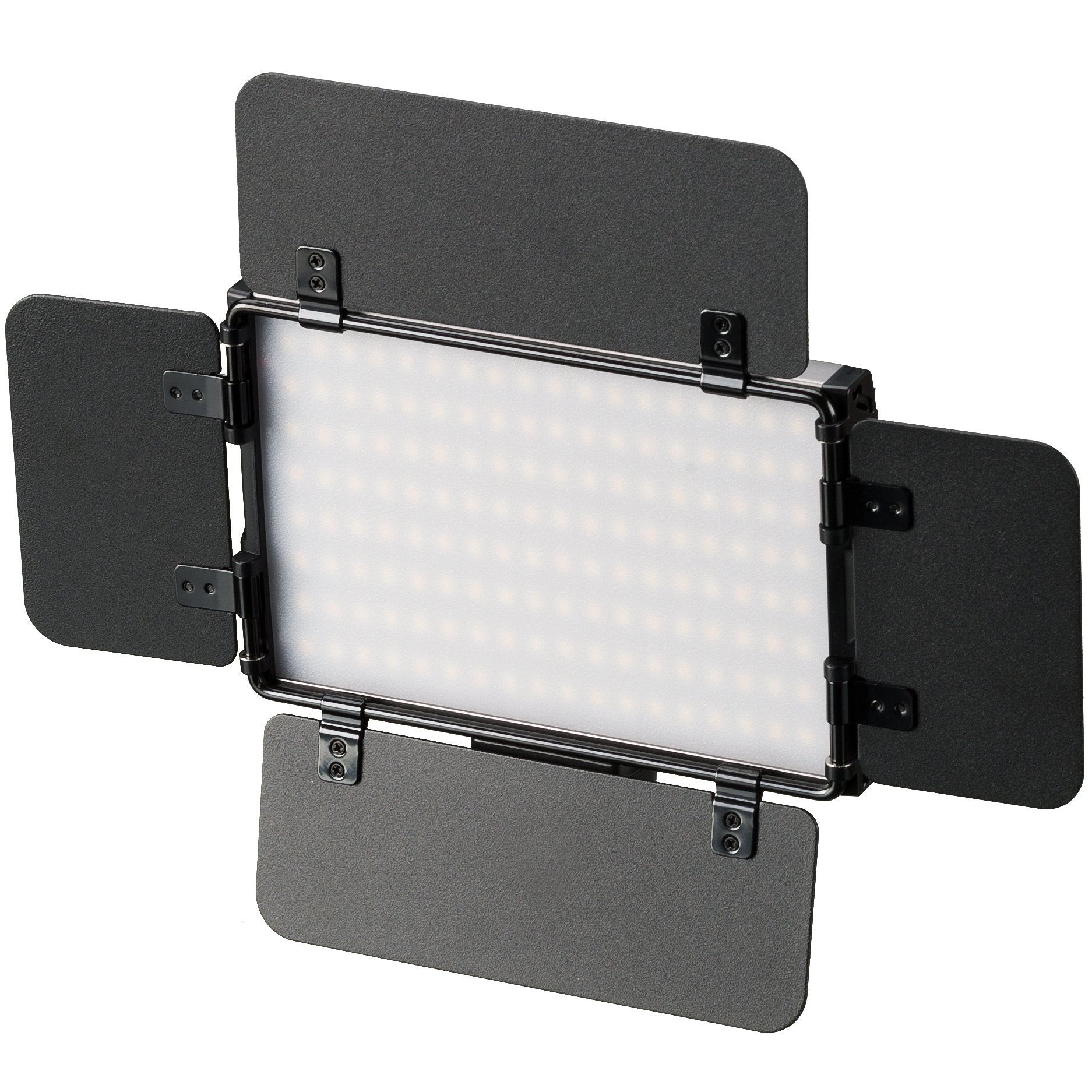 Een rechthoekig LED-lichtpaneel met verstelbare zwarte kleppen. Het paneel staat op een witte achtergrond.