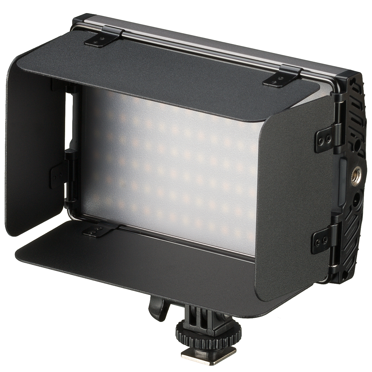 Zwarte LED-lamp met open kleppen, onthult lichtpaneel en montagevoet.
