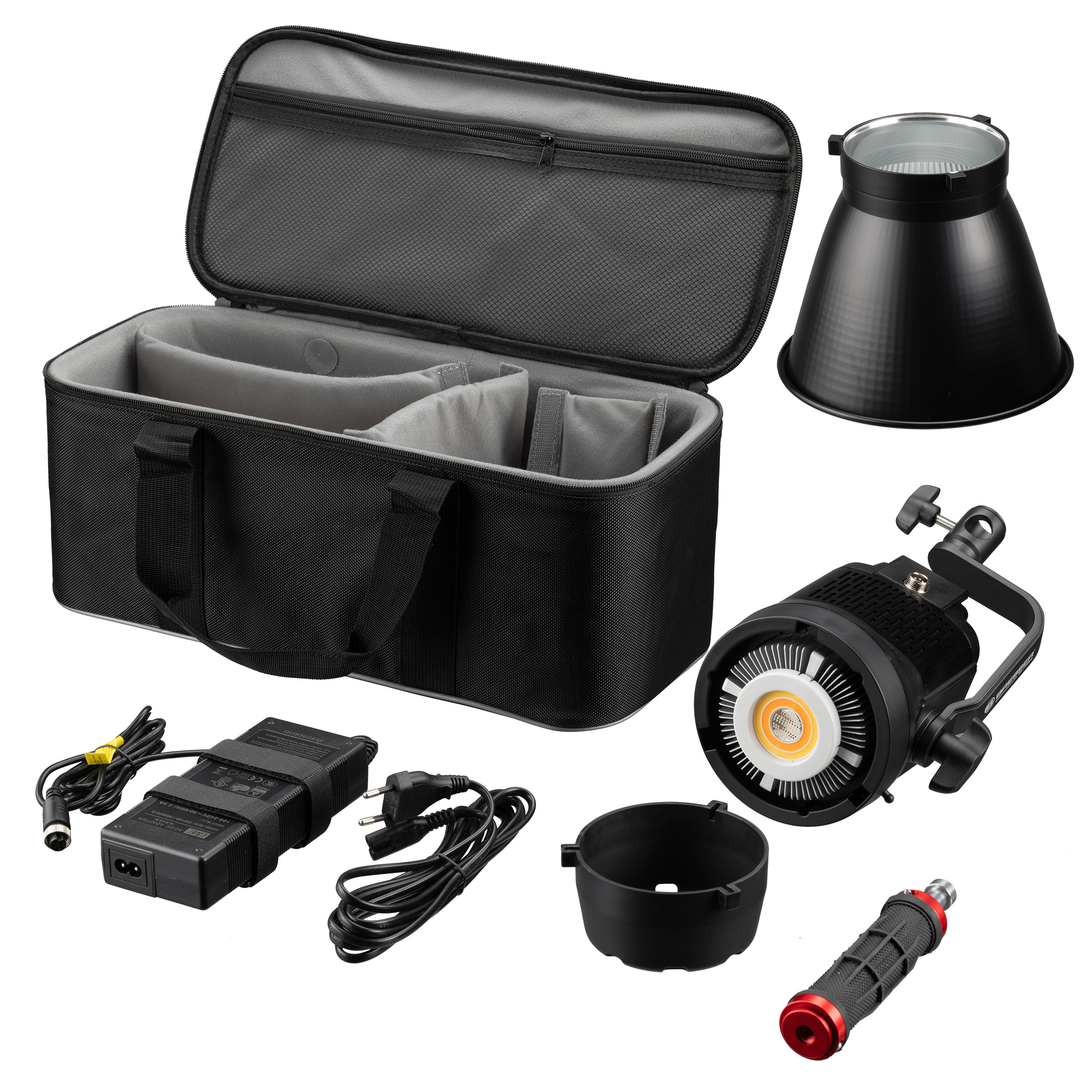 Kit de iluminación fotográfica con estuche negro, luz, accesorios y fuente de alimentación.