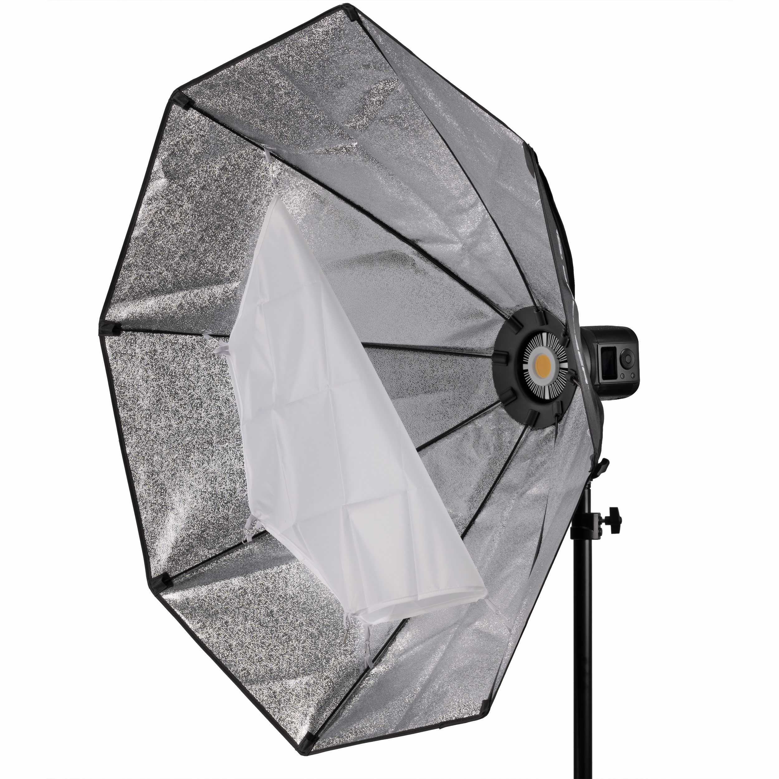 Luz de estudio, forma octagonal, plata dentro, difusor blanco, soporte negro.