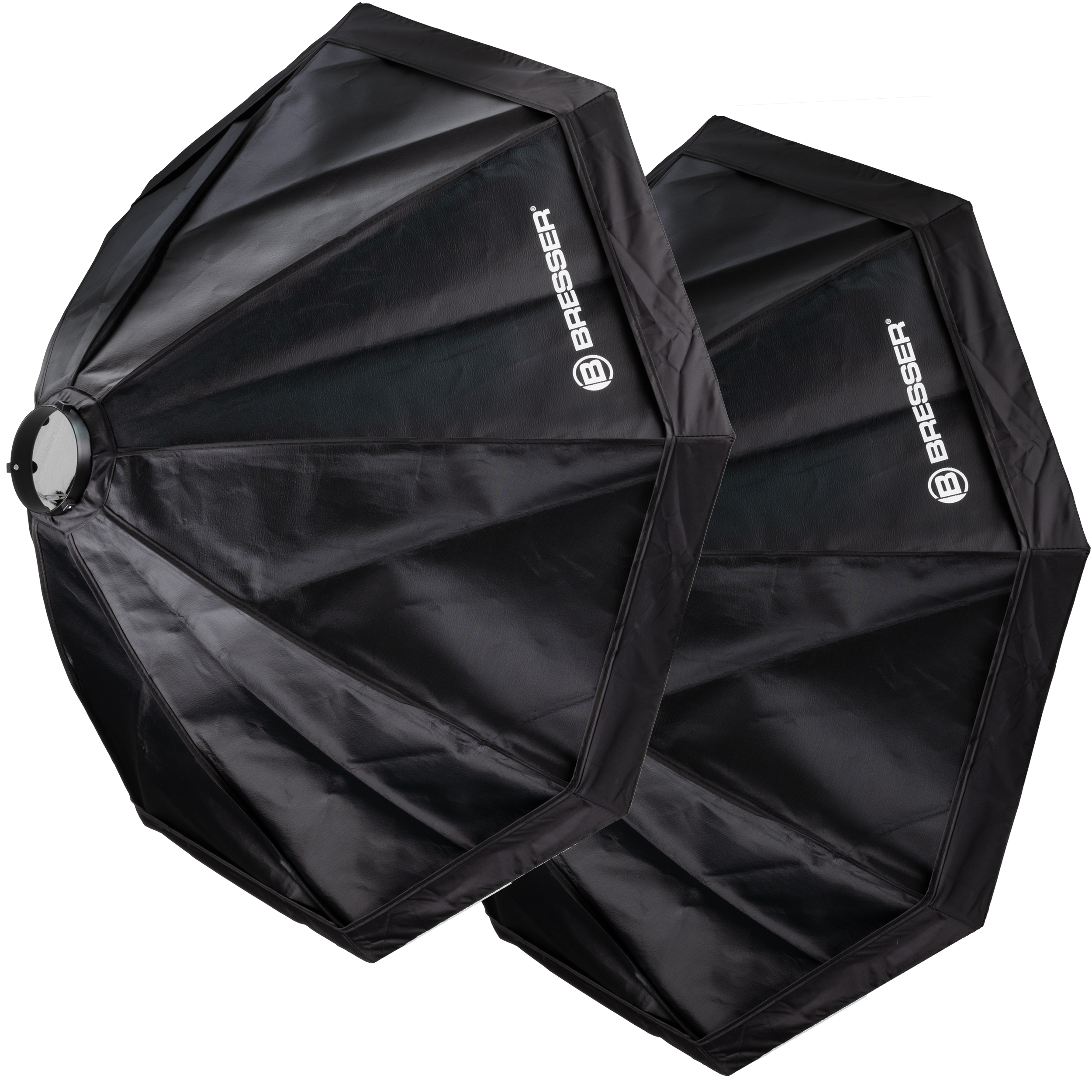 Dos softboxes BRESSER negras. Tienen forma octogonal y el logo BRESSER en blanco.