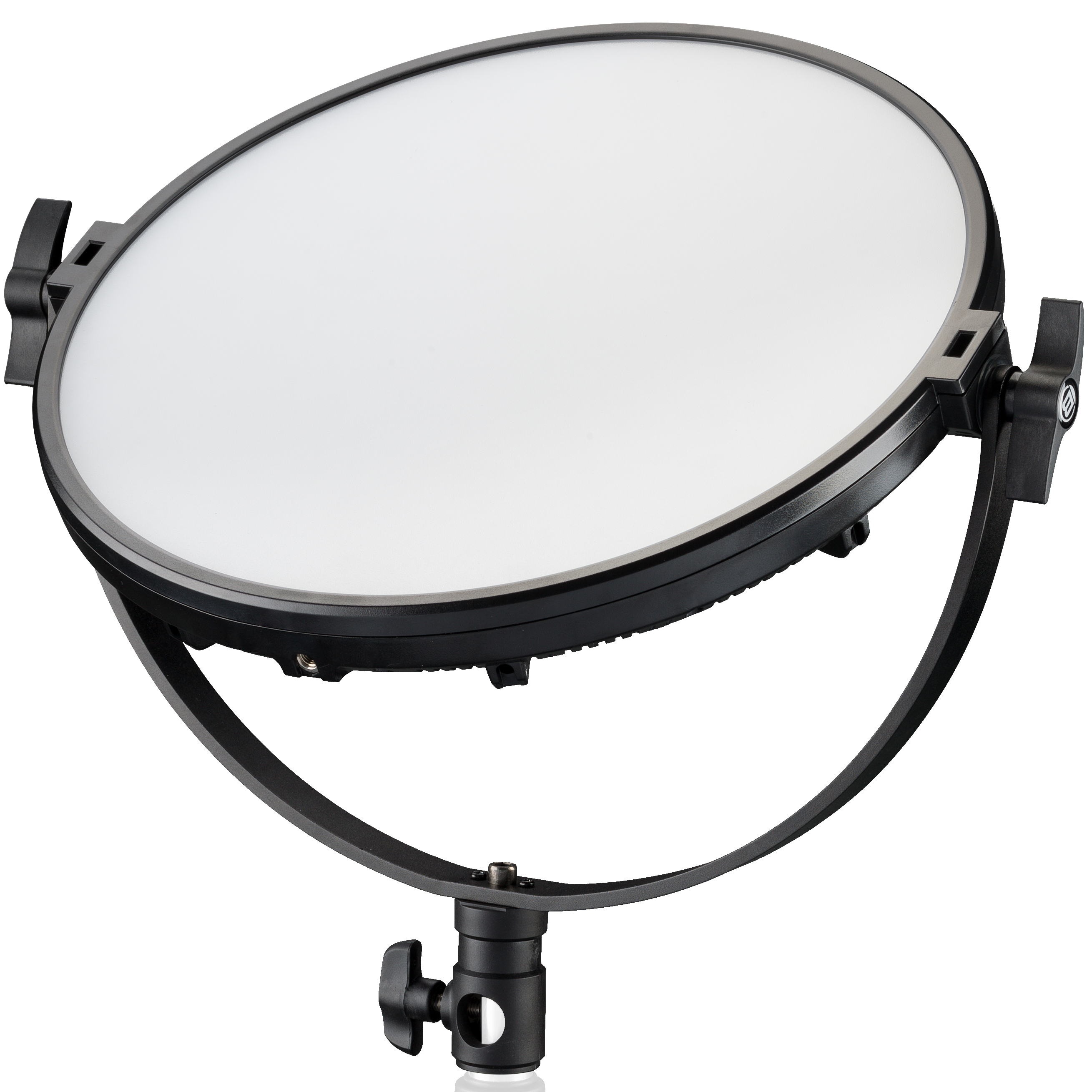 Panel LED circular blanco sobre un soporte. Borde y componentes del soporte negros. Perillas ajustables...