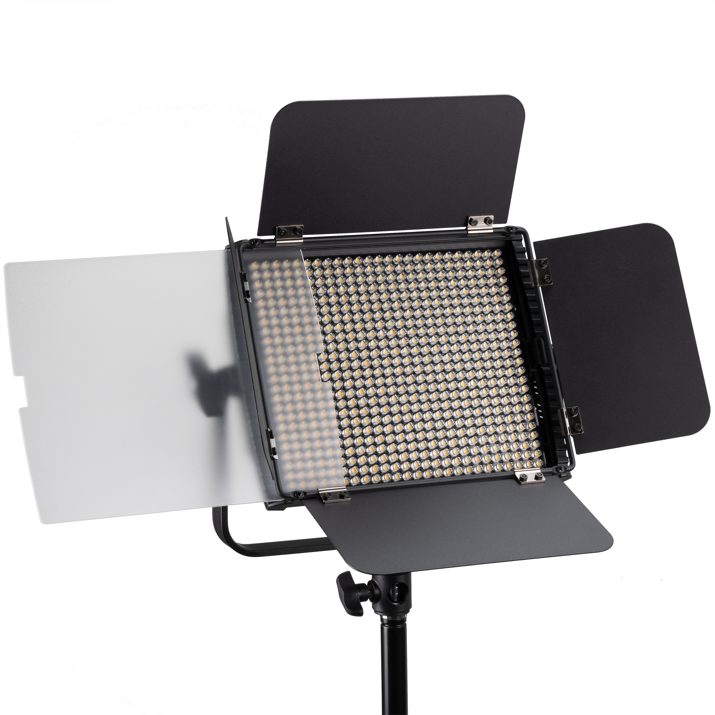 Panel de luz LED con aletas ajustables en un soporte, diseñado para fotografía o iluminación de video.