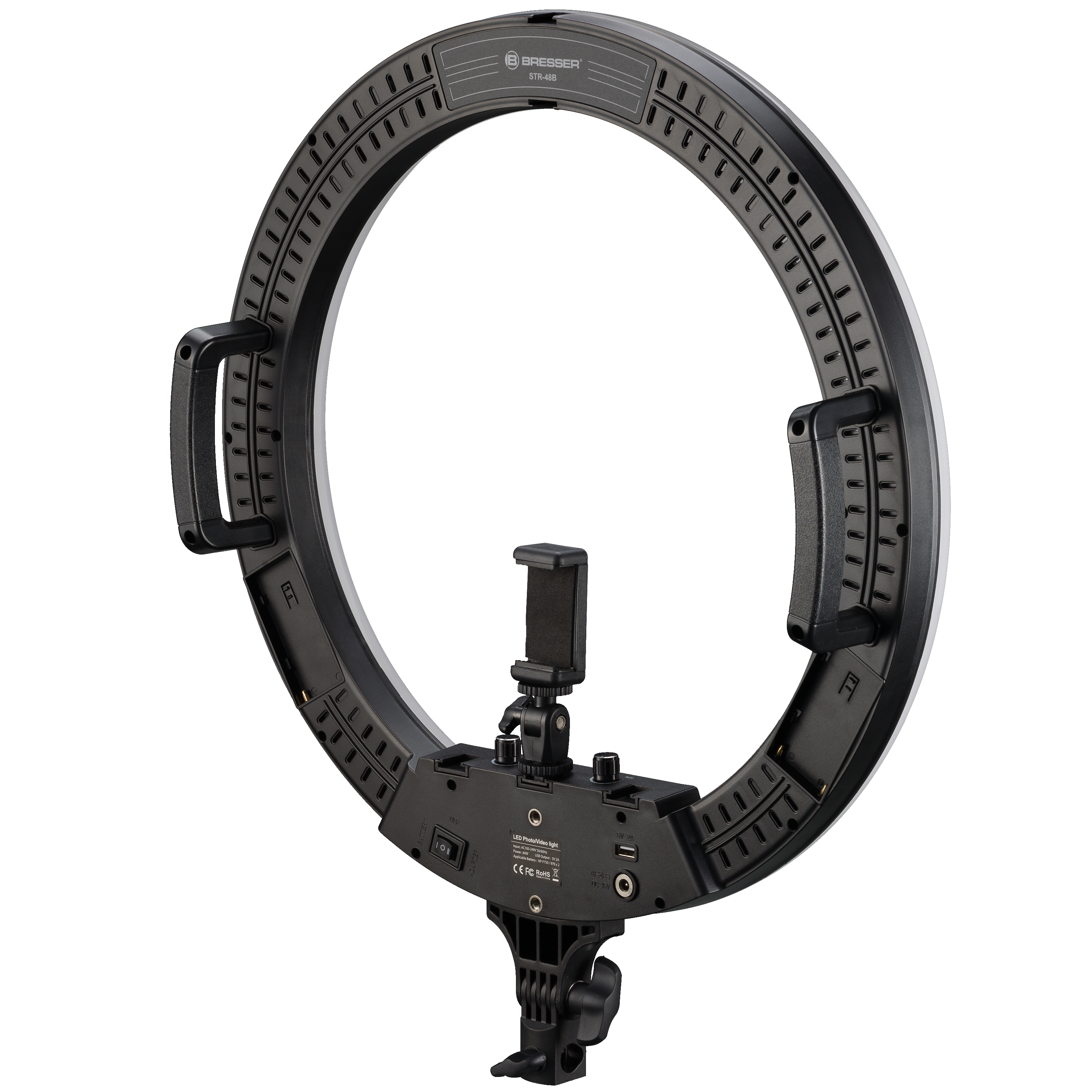 Una luz de anillo negra con un soporte para teléfono y botones de control.