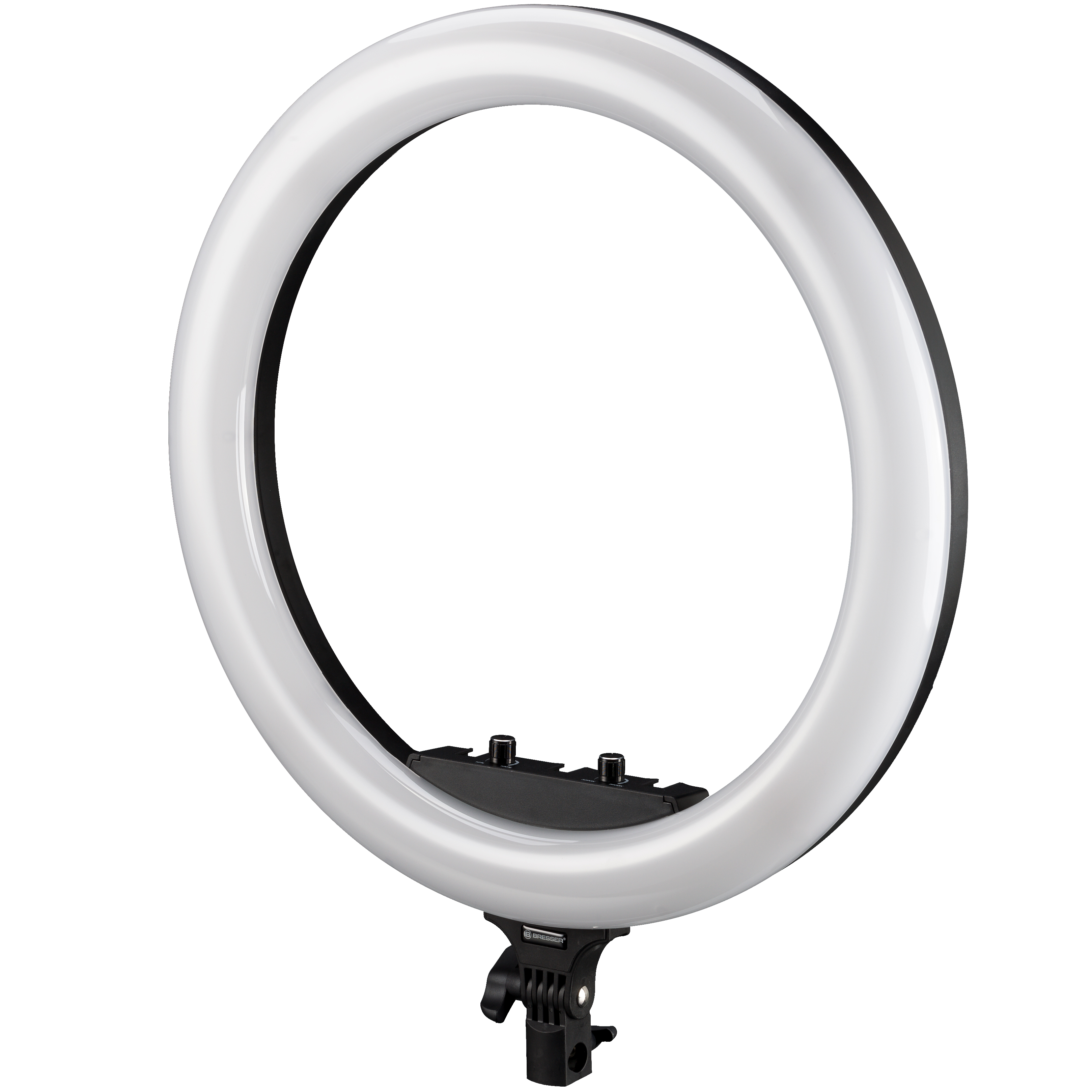 Una luz de anillo con una superficie emisora de luz blanca y detalles en negro. Tiene un accesorio para soporte.