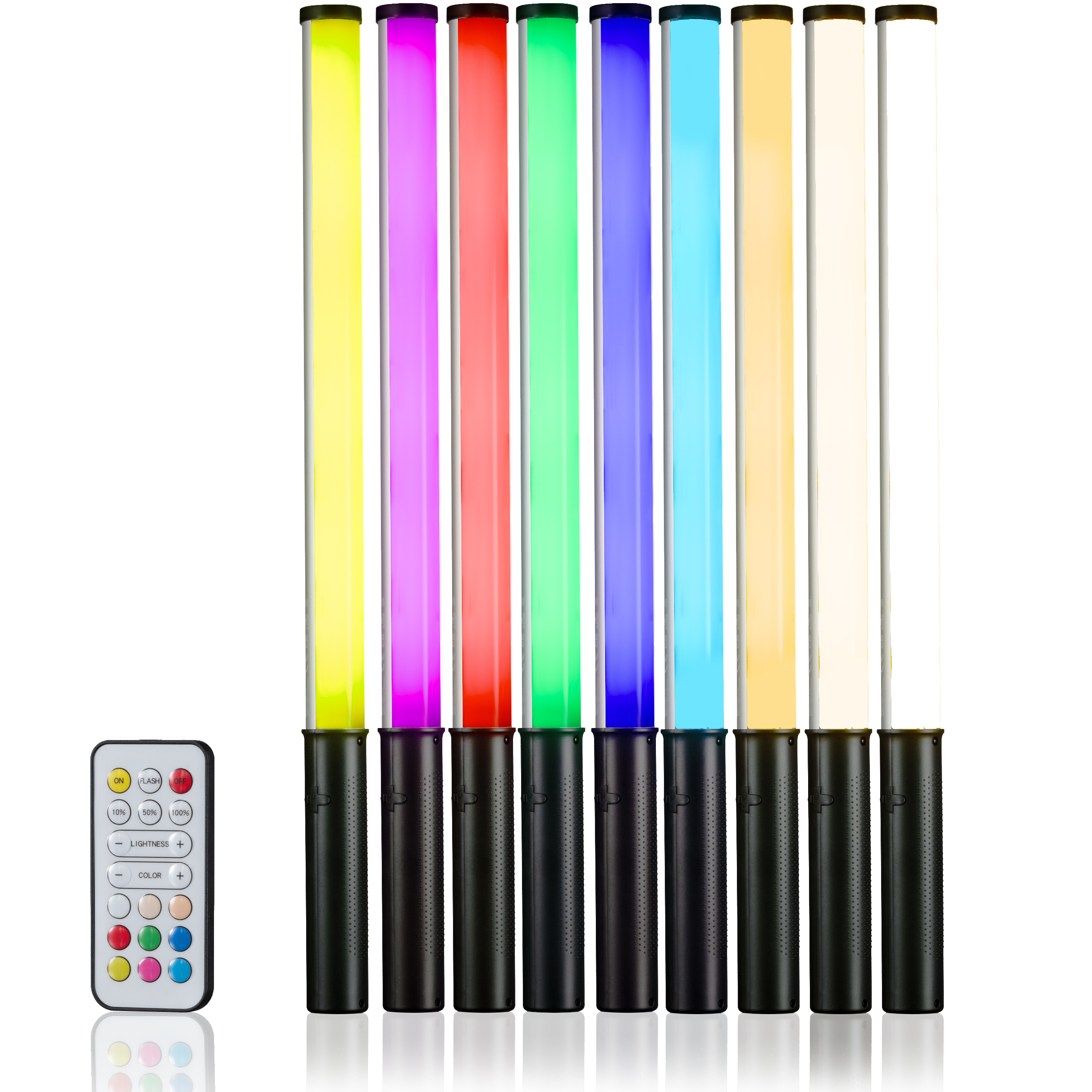Tien gekleurde lichtstaven, zwarte basis, afstandsbediening links.