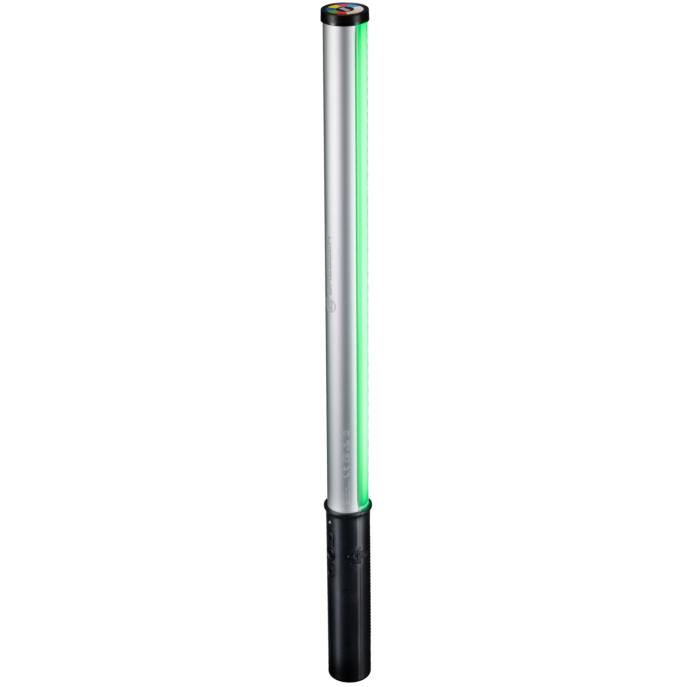 Een zilveren en zwarte lichtstaaf die groen licht uitstraalt.