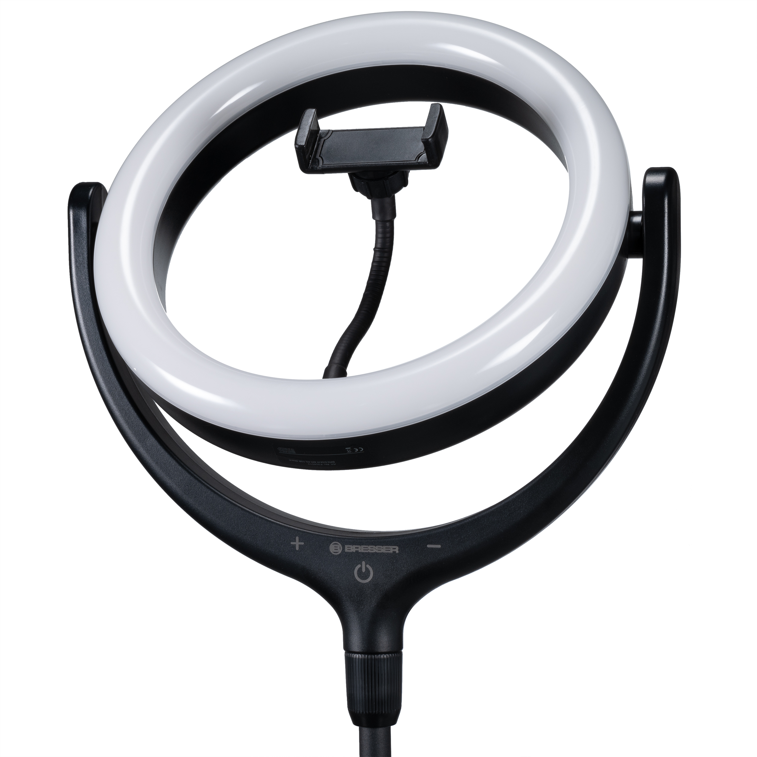Anillo de luz negro con soporte para teléfono, soporte e iluminación blanca sobre fondo blanco.