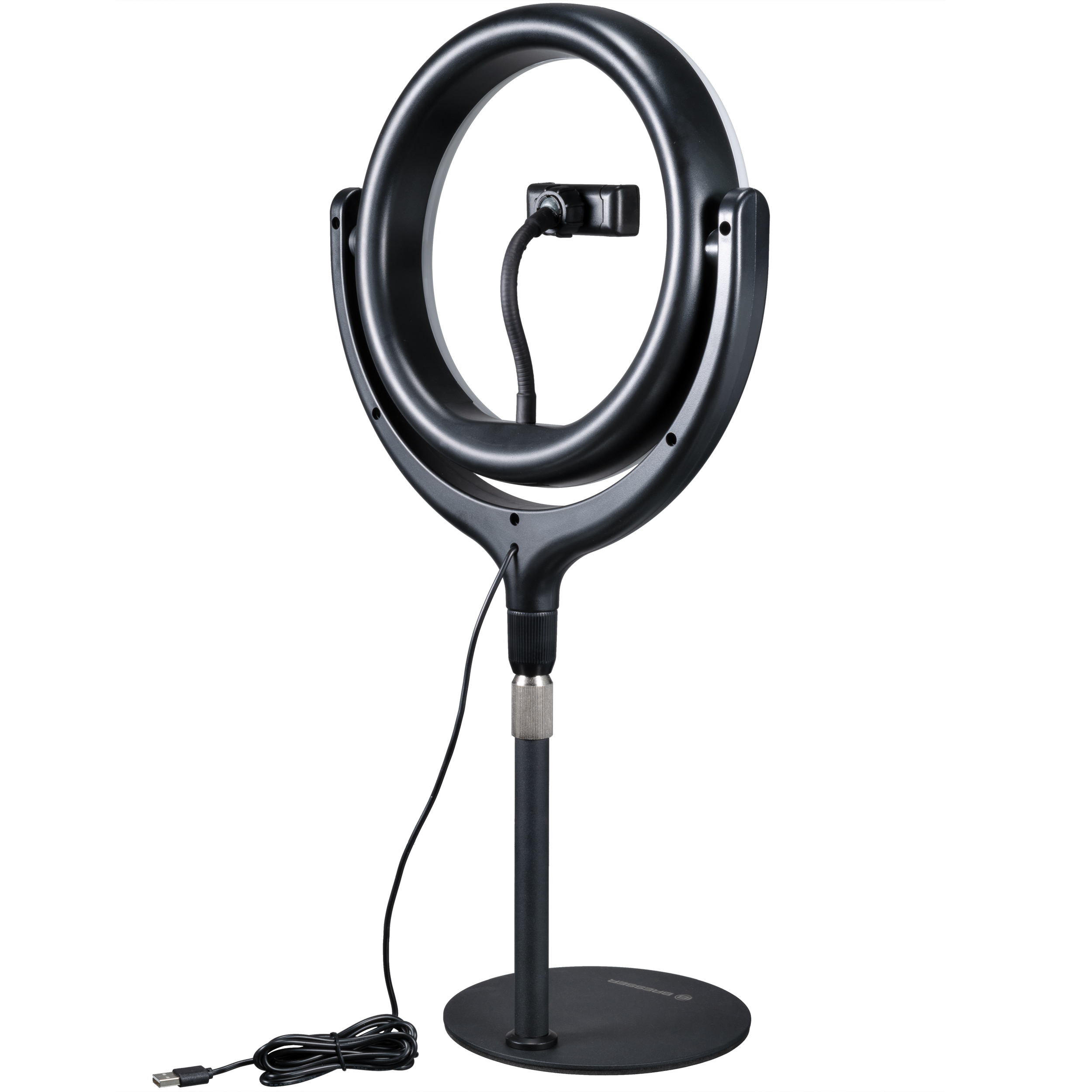 Luz de anillo negra sobre un soporte con soporte para teléfono y cable.