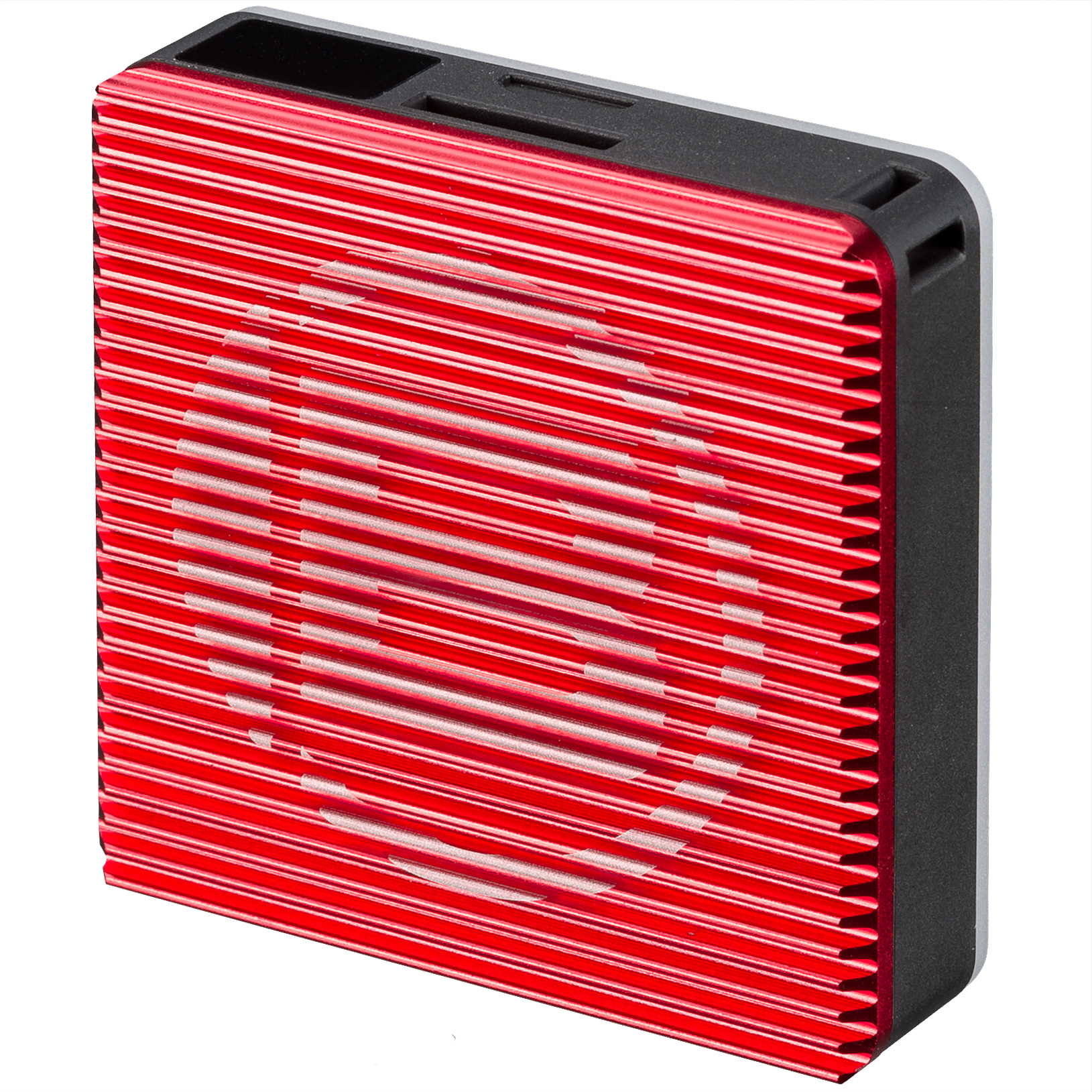 Disco duro externo rojo y negro, mostrando el lado con ranuras de ventilación.