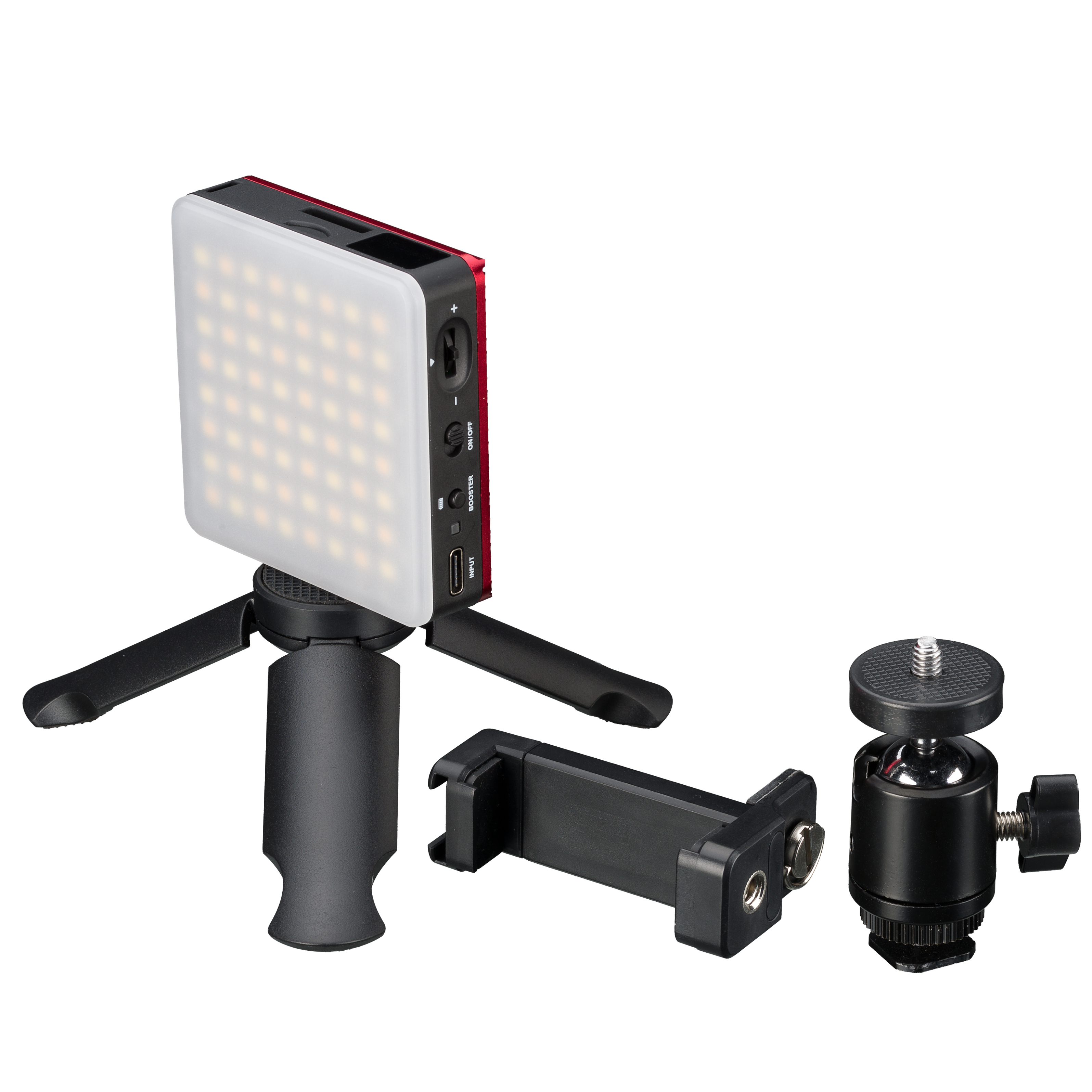 Kit de luz de video LED con trípode y clip para teléfono. Incluye un adaptador de rótula.