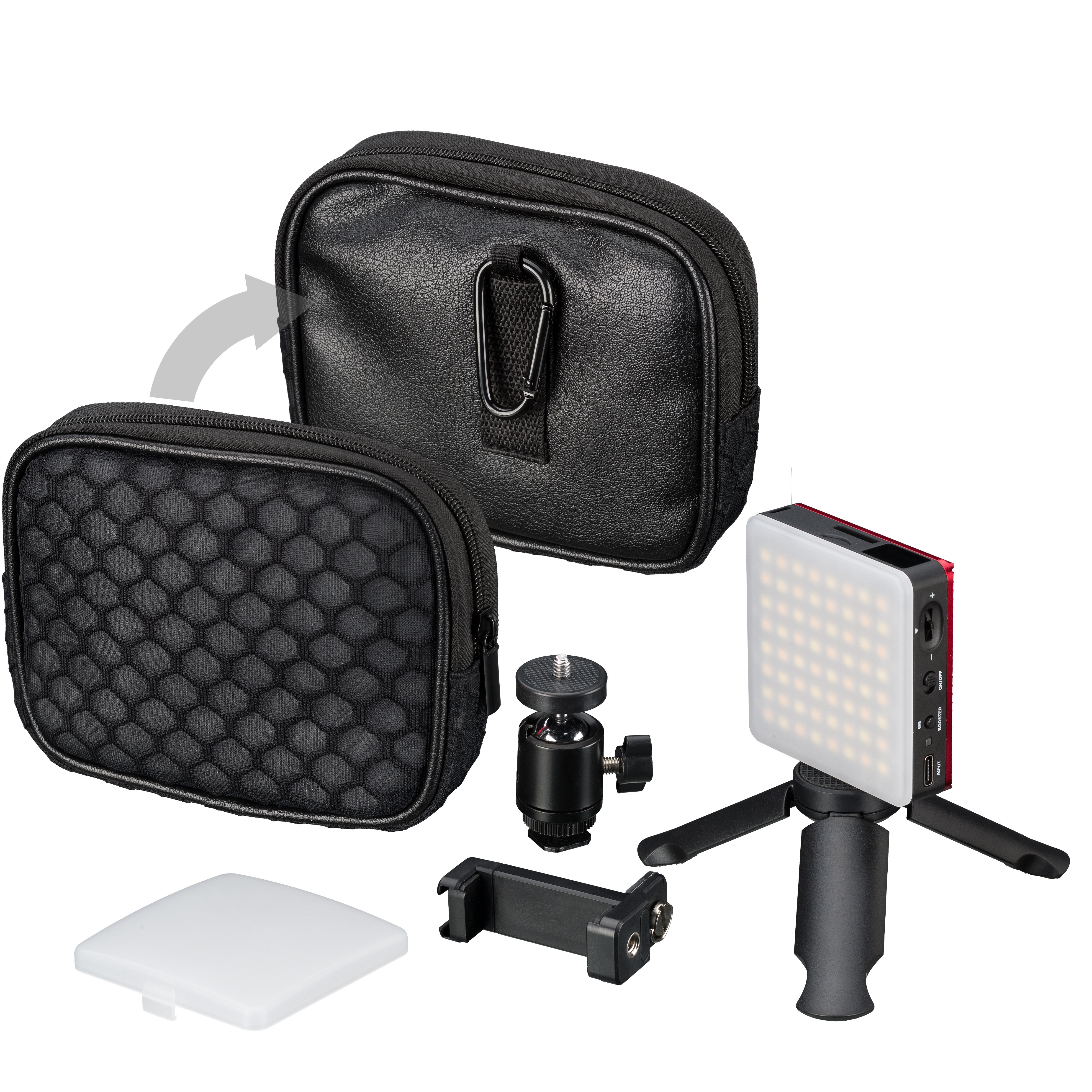 Accesorios de cámara: bolsa, trípode pequeño, luz, soporte teléfono.