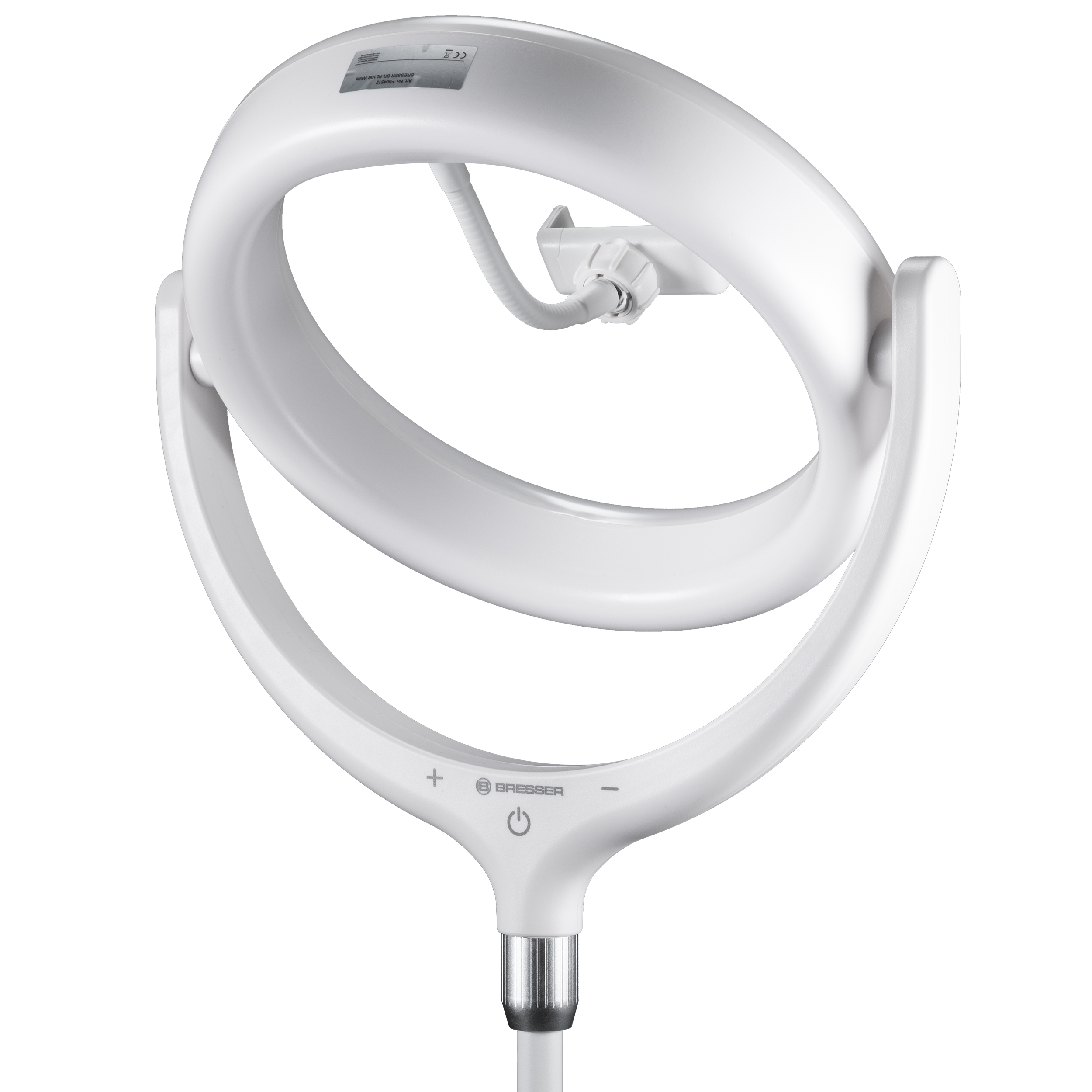 Luz circular blanca con un diseño curvo, con un botón de encendido.
