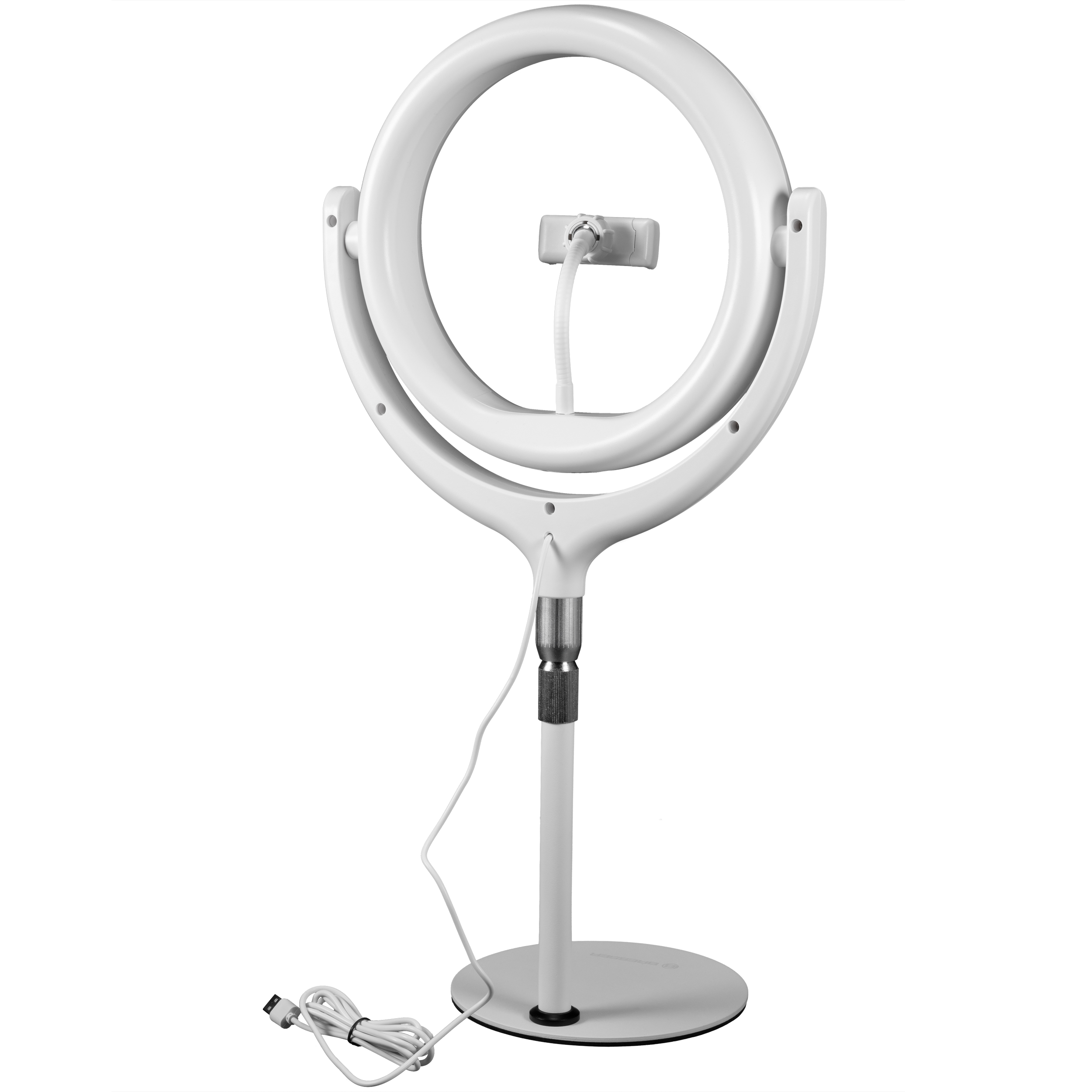 Luz de anillo blanca con soporte para smartphone en el centro. Está sobre un soporte con base redonda.