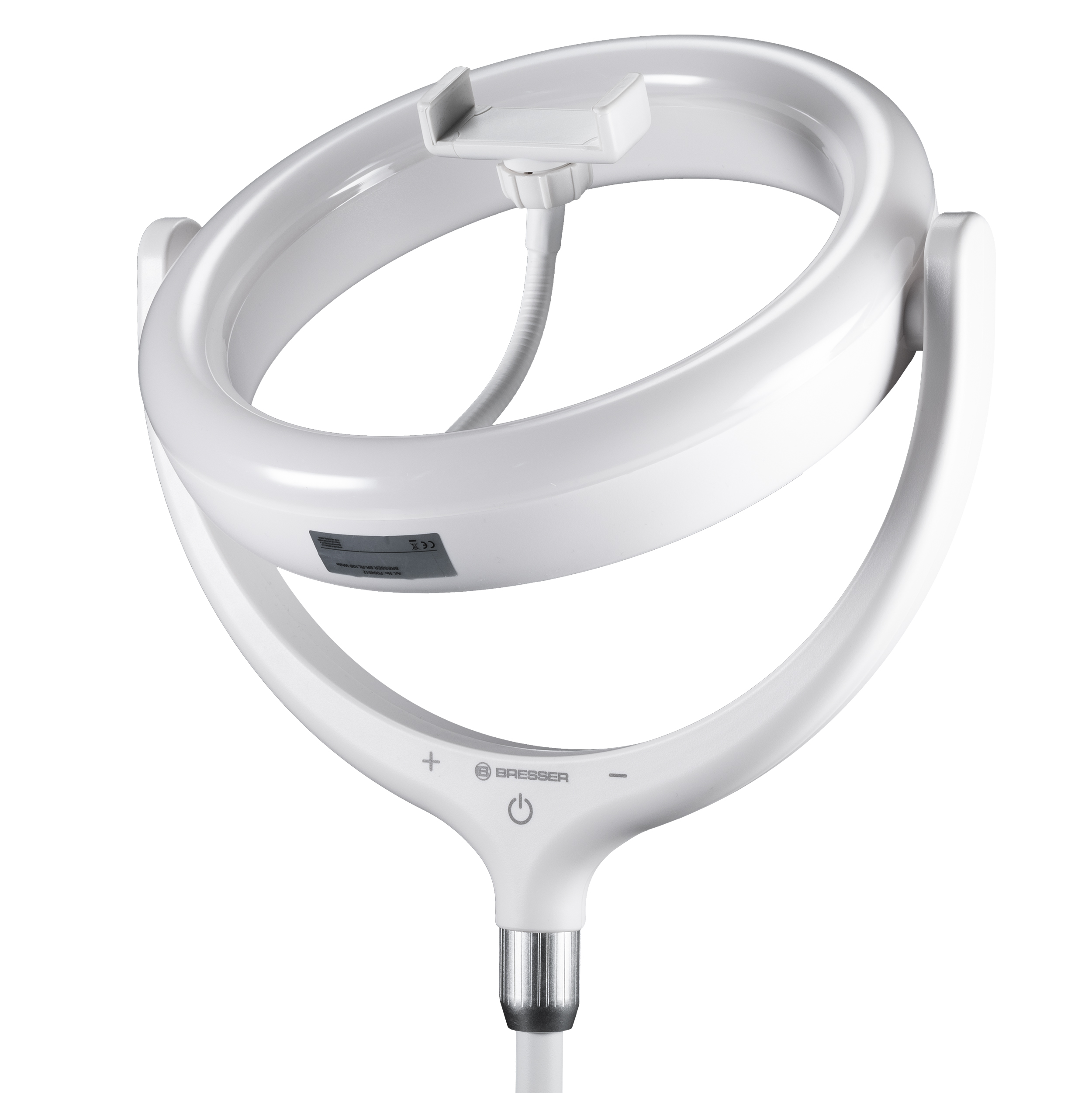 Luz de anillo blanca, con soporte y botón de encendido, sobre fondo blanco.